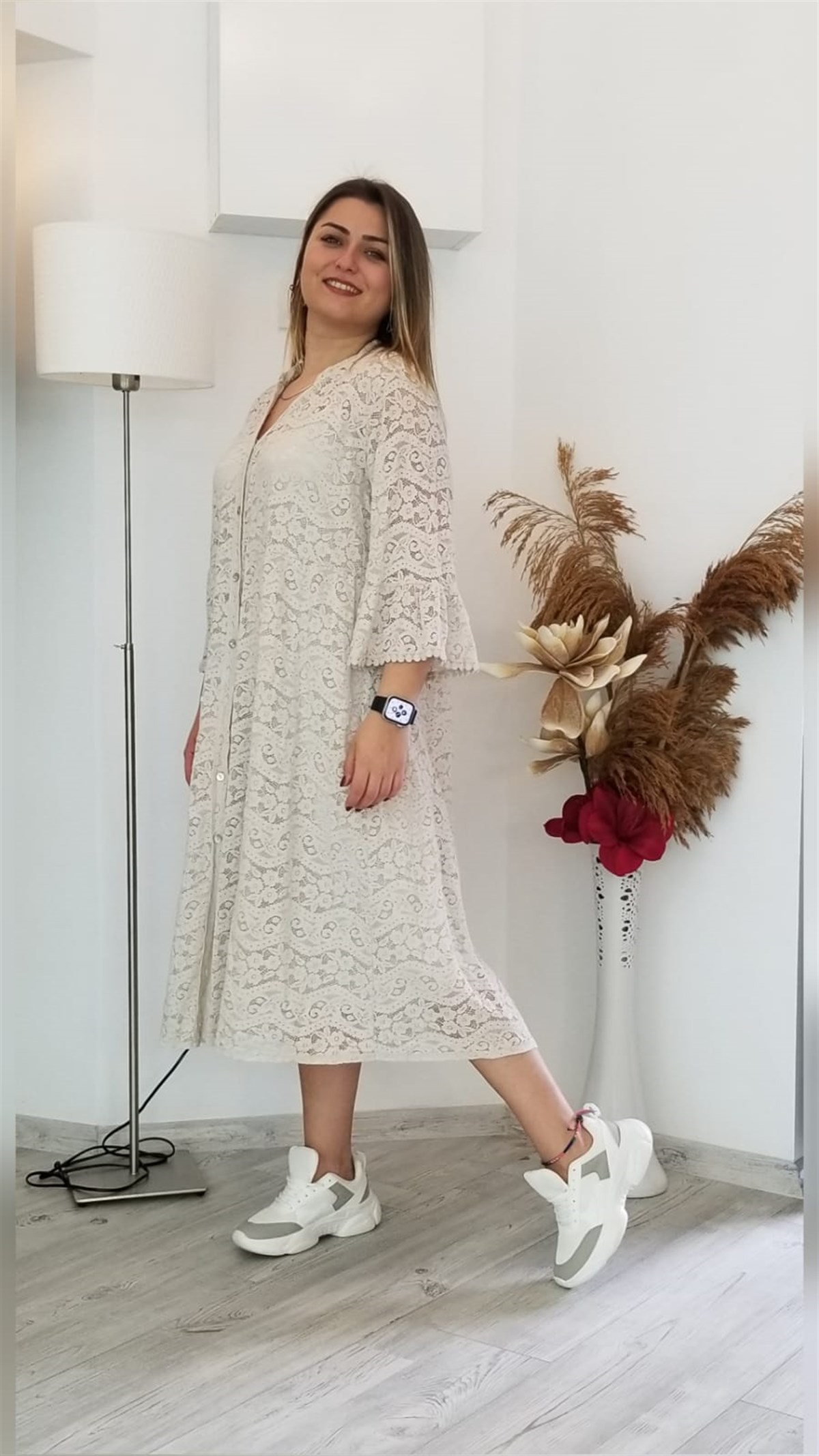 Haki İtalyan Önü Düğmeli İçi Astarlı Dantel Elbise