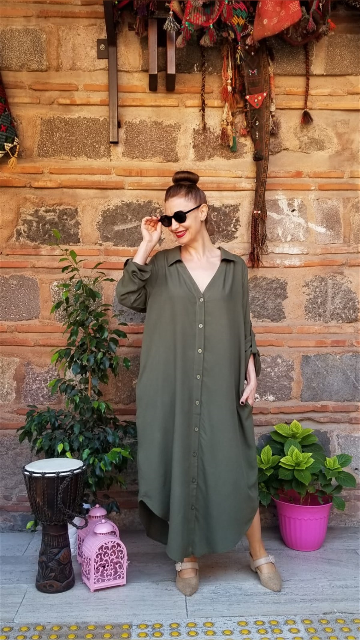 Haki Önü Ful Düğmeli Gömlek Elbise