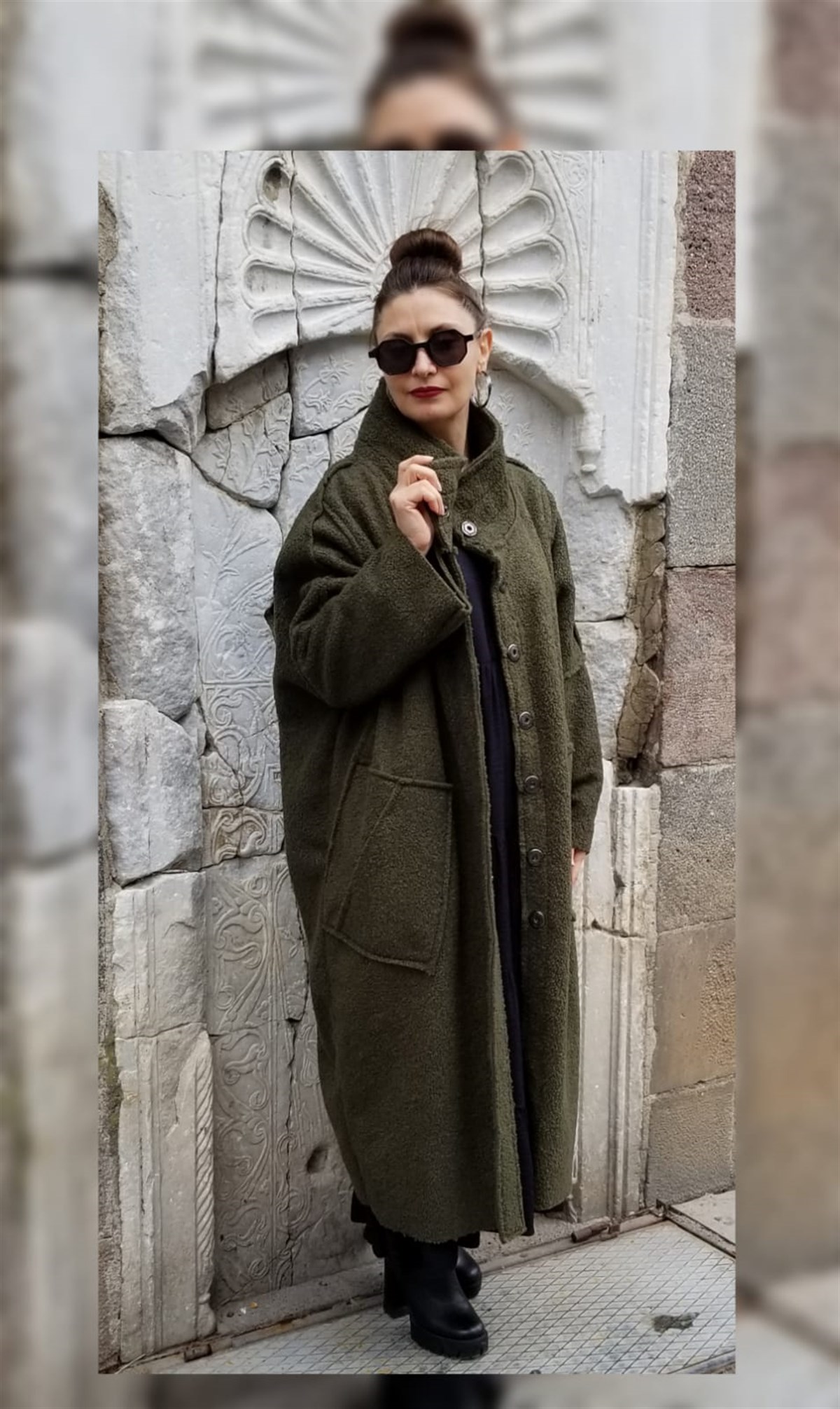 Haki Yün Buklet İçi Polar Kaban (Oversize)