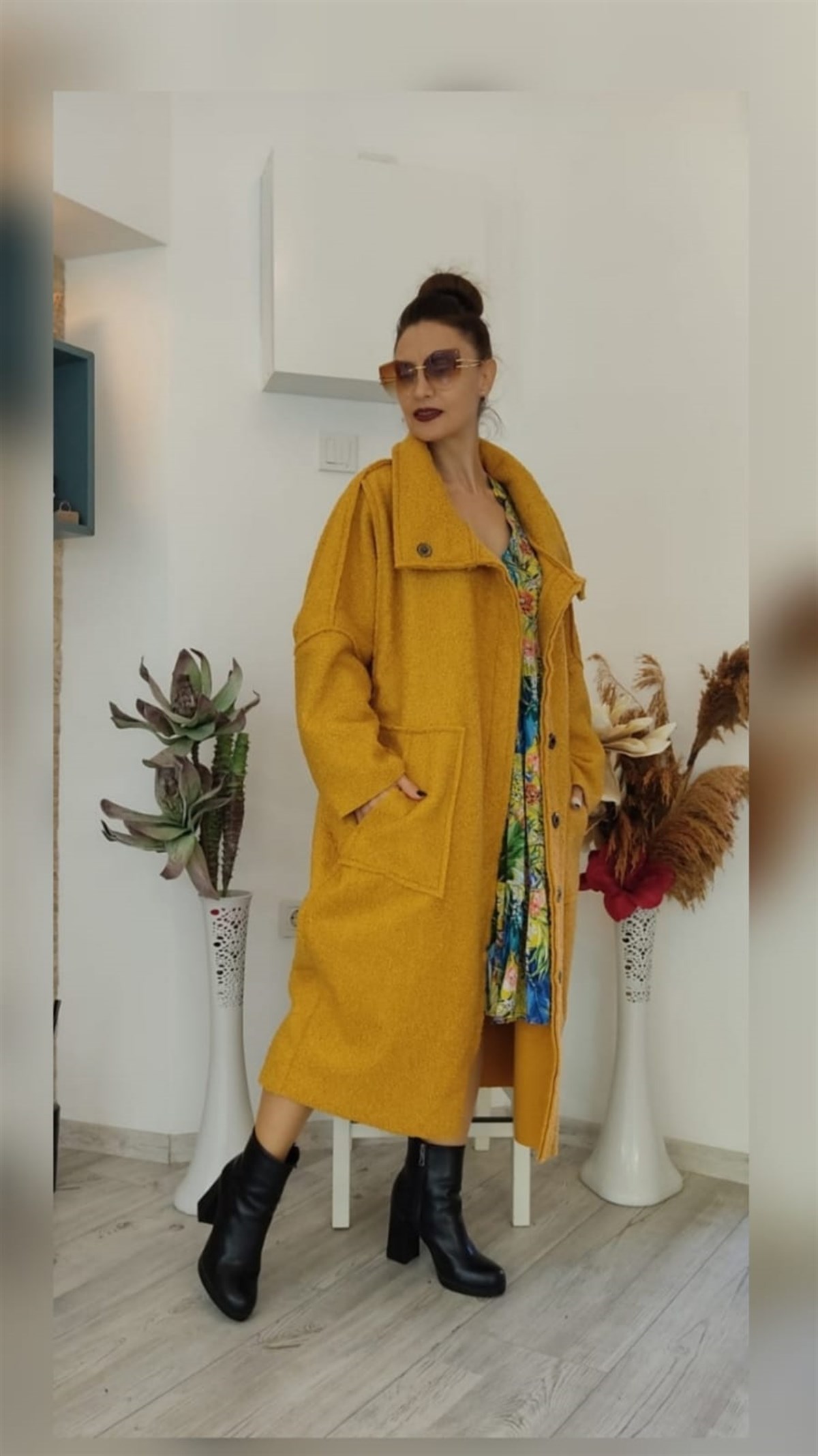 Hardal Rengi Yün Buklet İçi Polar Kaban (Oversize)