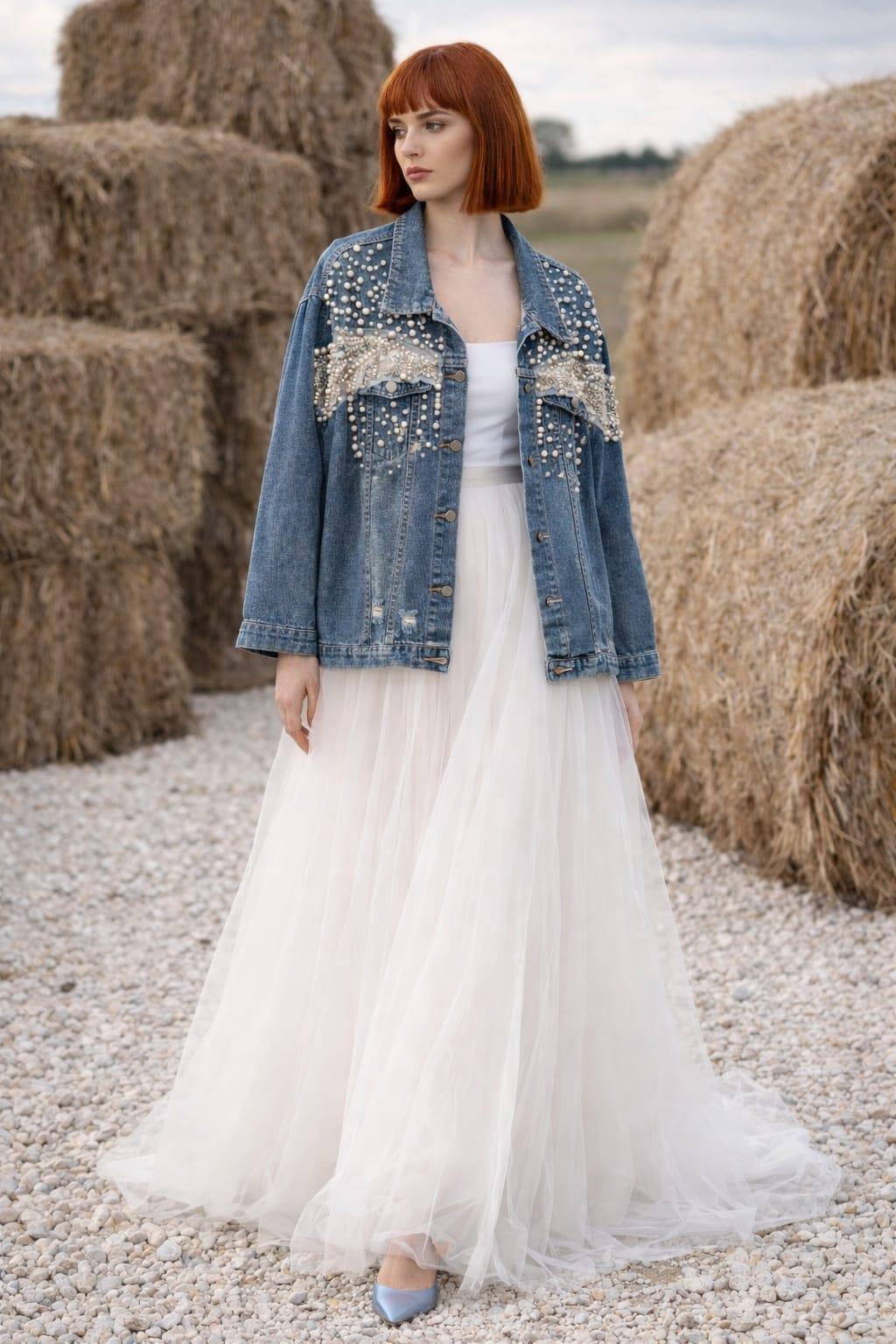 İnci İşlemeli Kot Ceket 