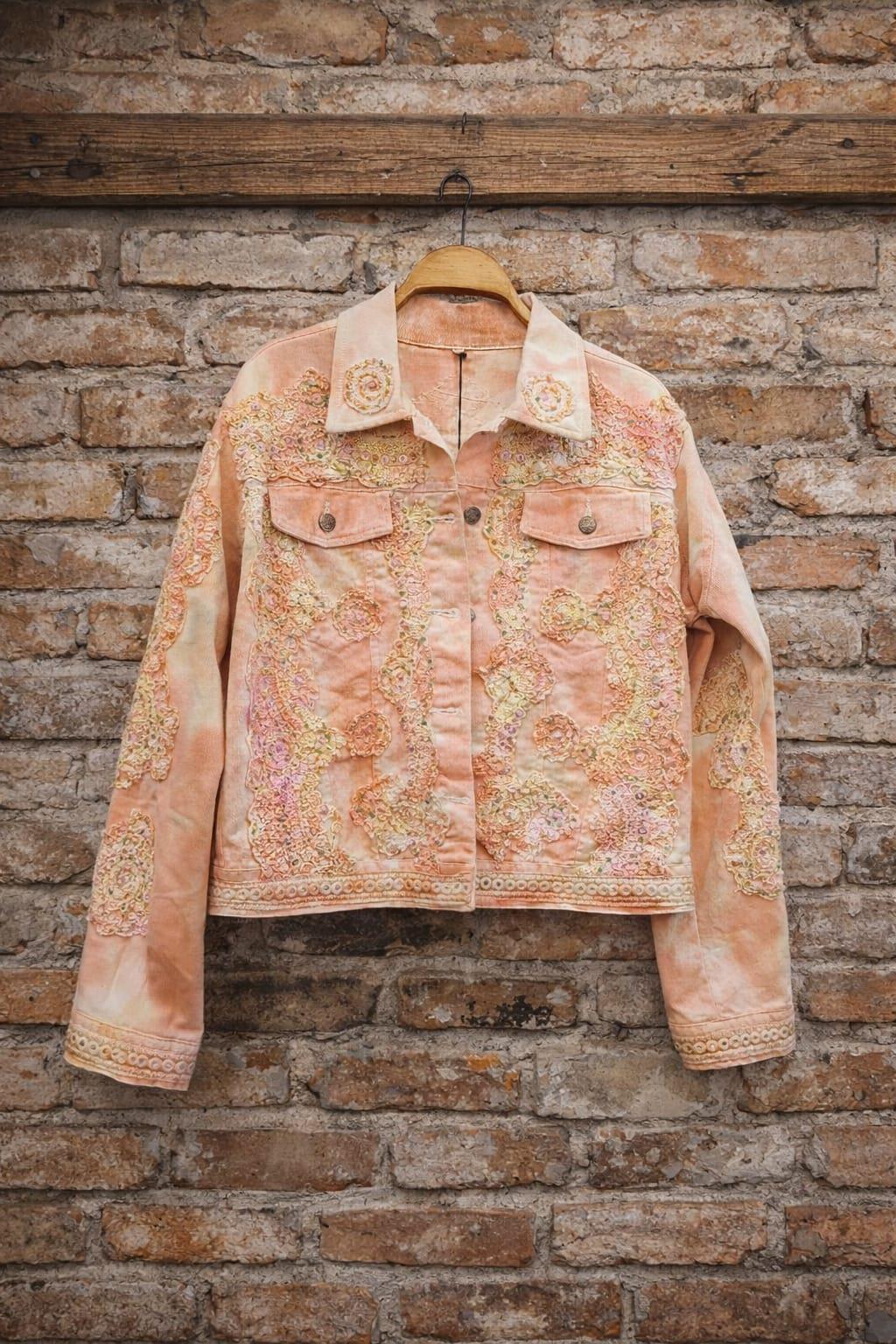 İtalian batik desenli  el işi kum boncuk işlemeli denim ceket  renk somon 