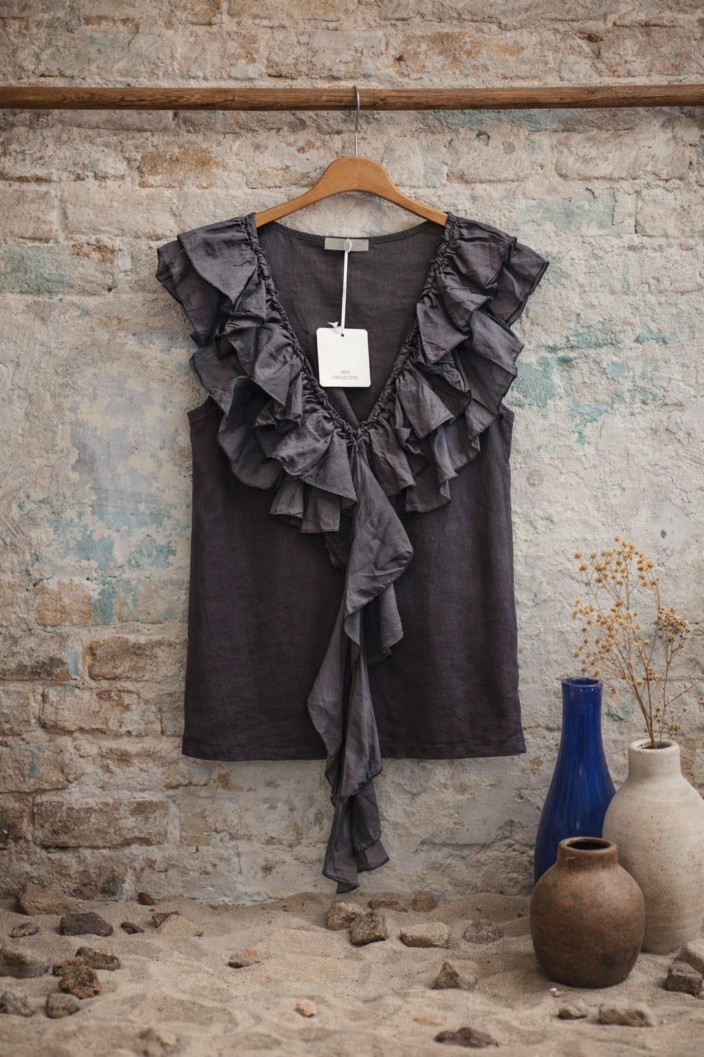İtalian V Yaka Penye Cotton Bluz Renk Siyah