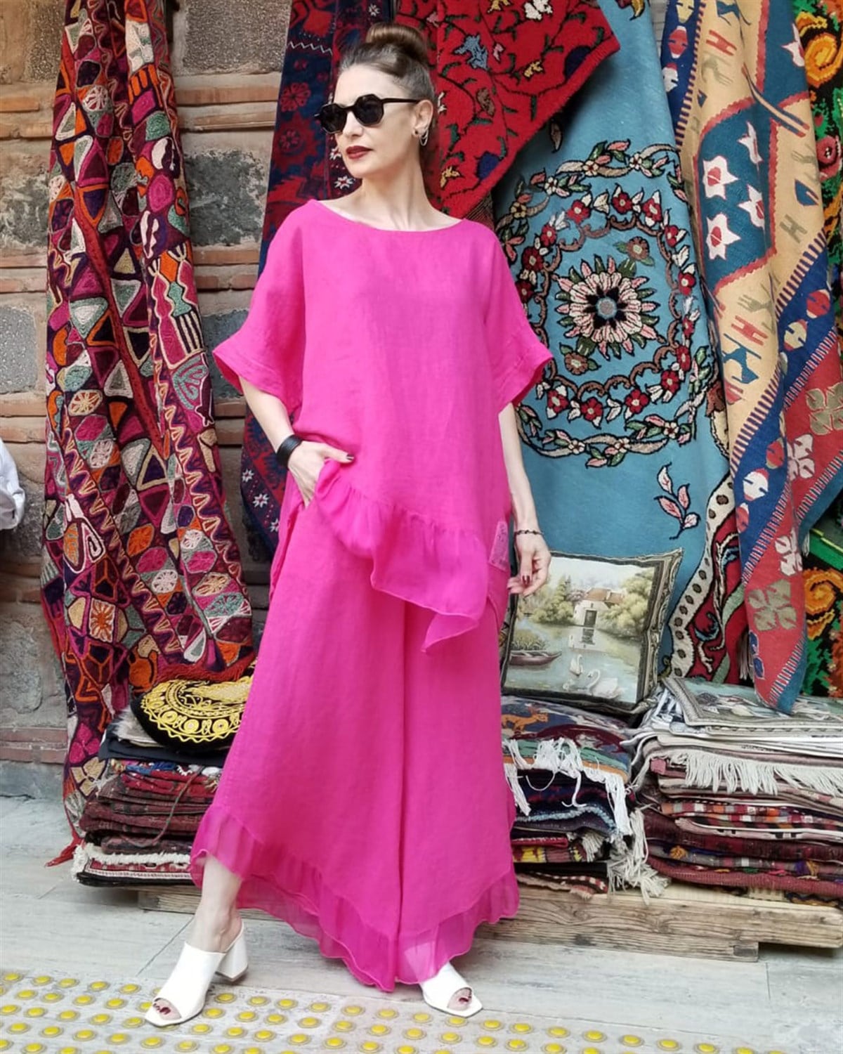 İtalyan %100 Keten Pembe Takım
