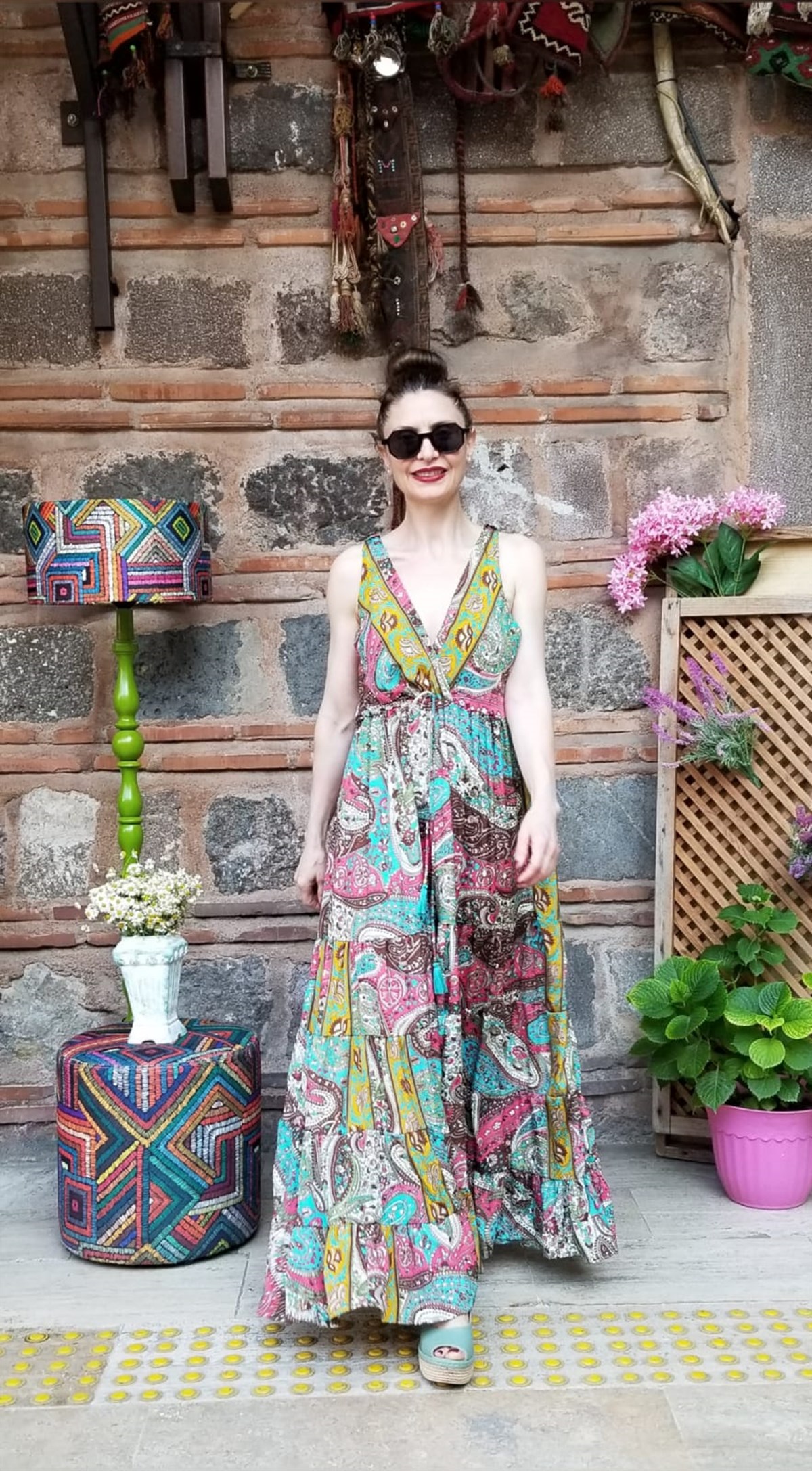 İtalyan Çiçek Desenli Yarım Kollu İpek Elbise