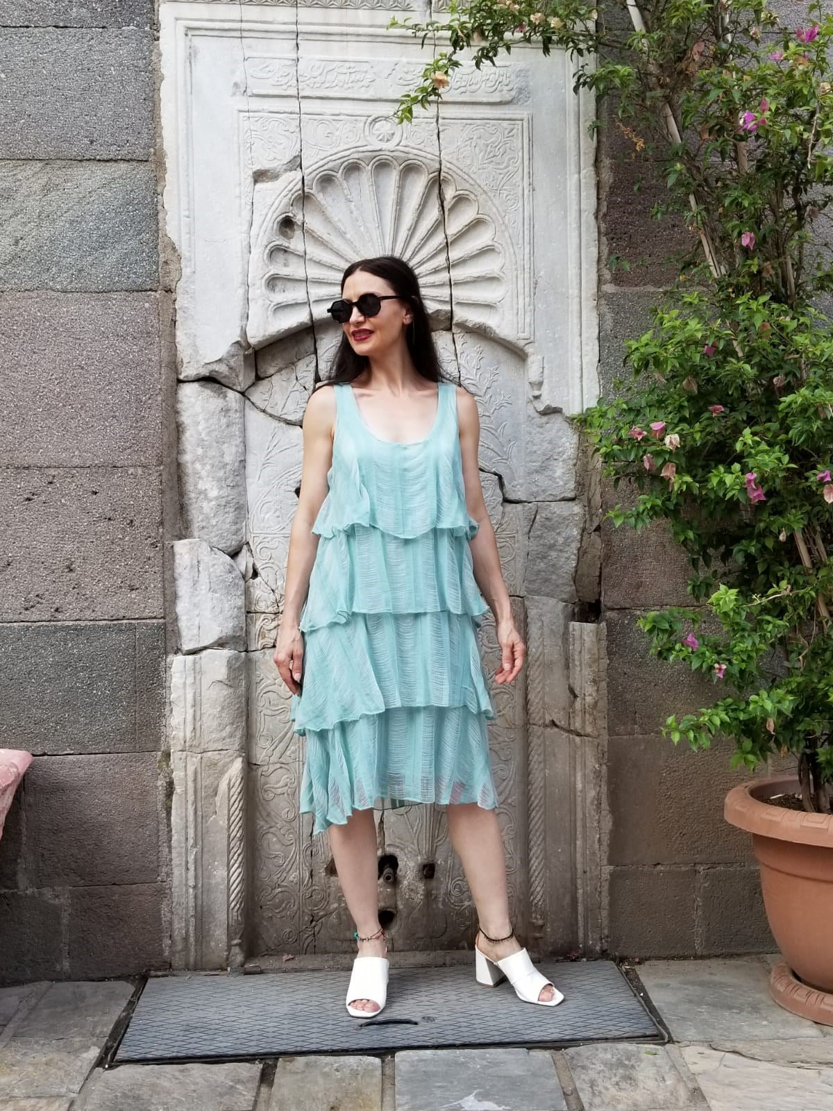 İtalyan Kat Kat Çağla Yeşili Elbise