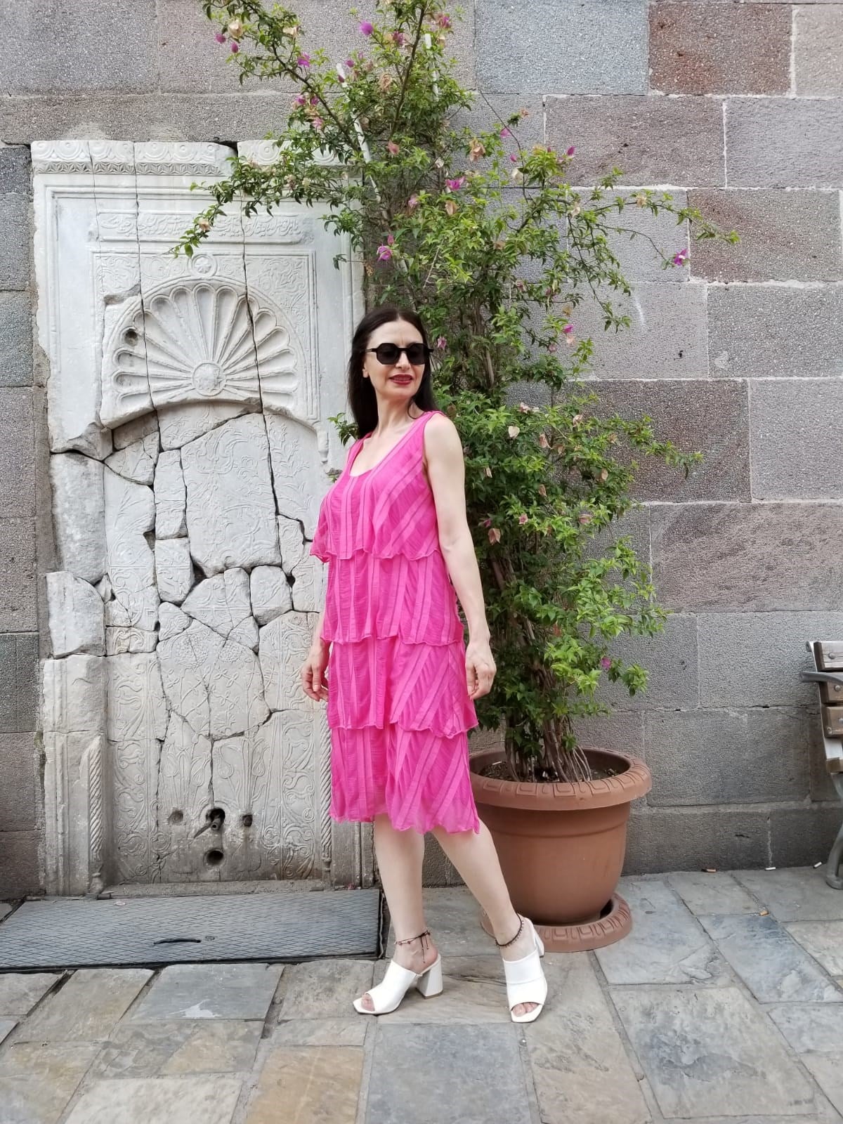 İtalyan Kat Kat Fuşya Elbise