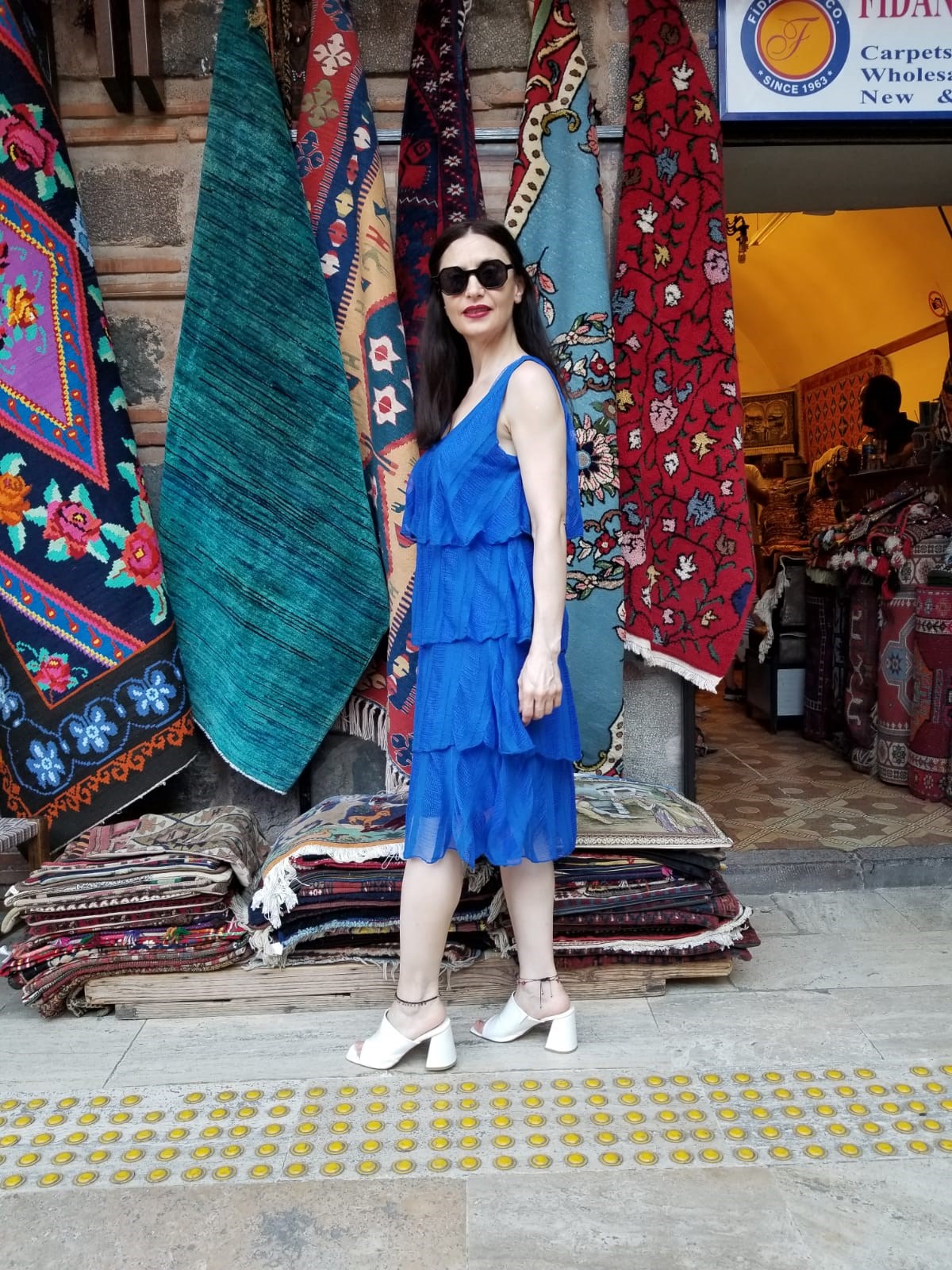 İtalyan Kat Kat Saks Mavi Elbise