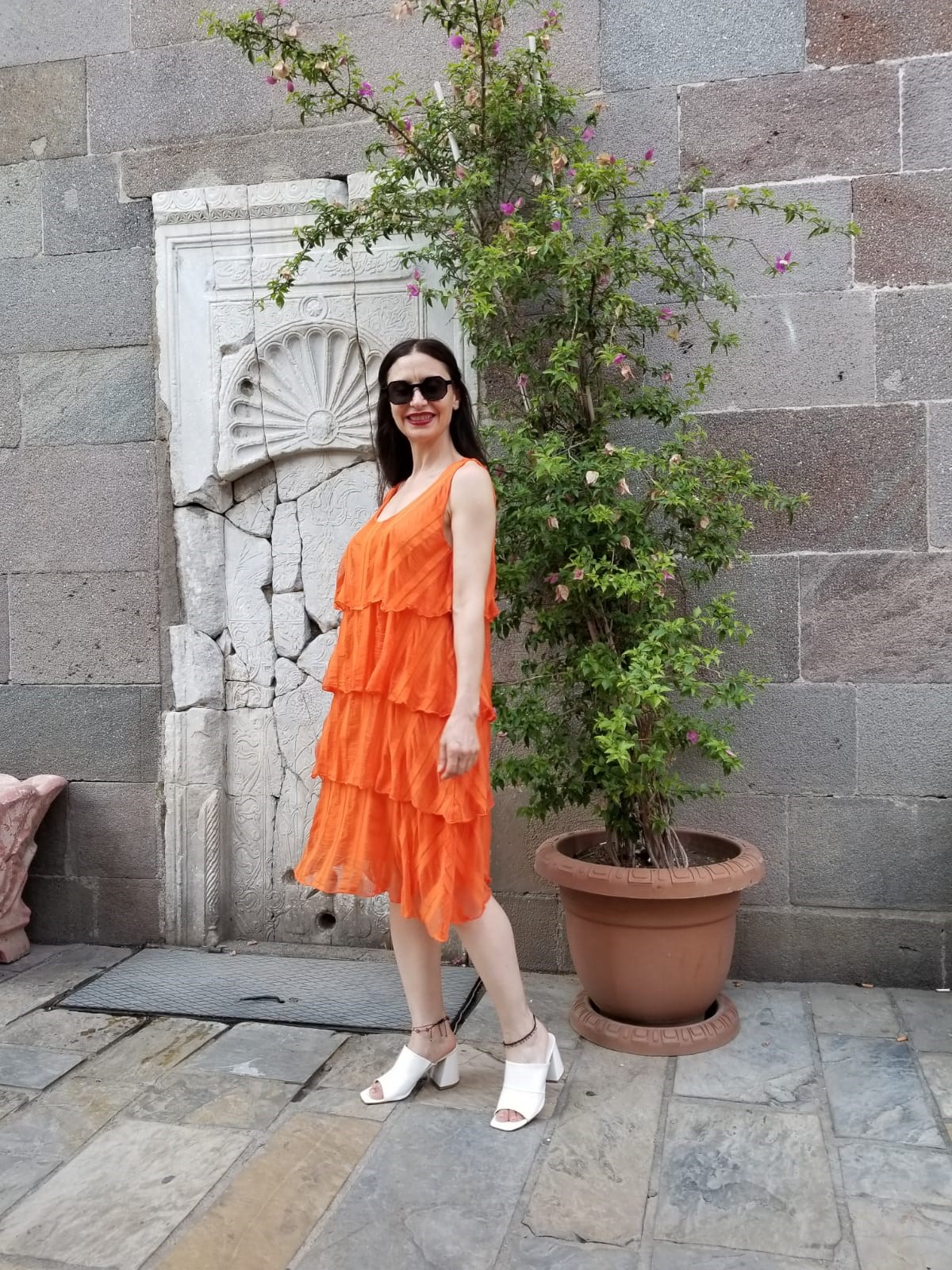 İtalyan Kat Kat Turuncu Elbise