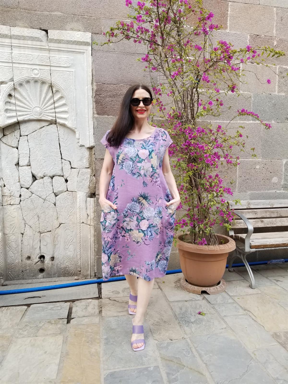 İTALYAN KETEN ÇİÇEKLİ ELBİSE