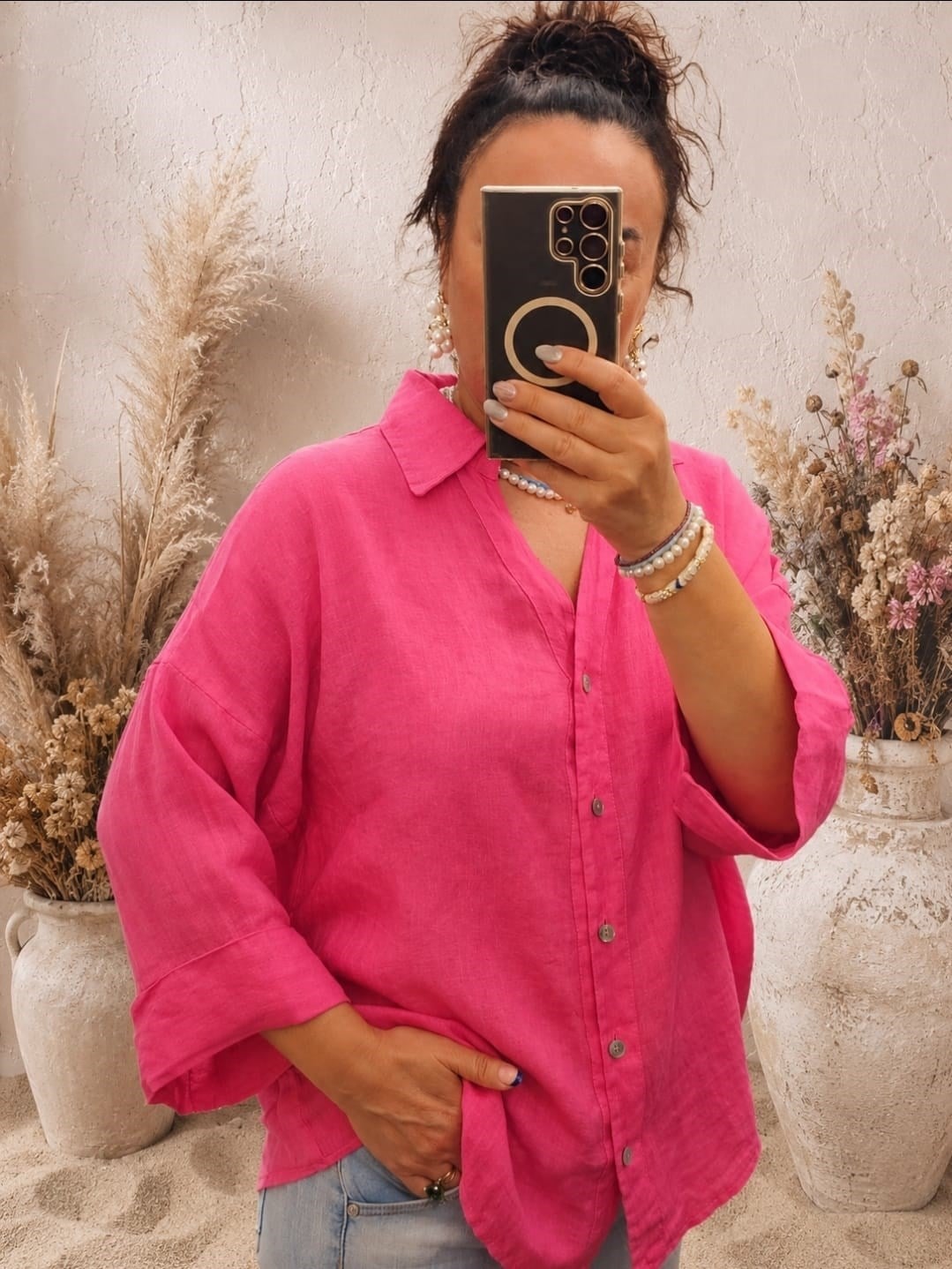 İtalyan Keten Gömlek Renk Pembe