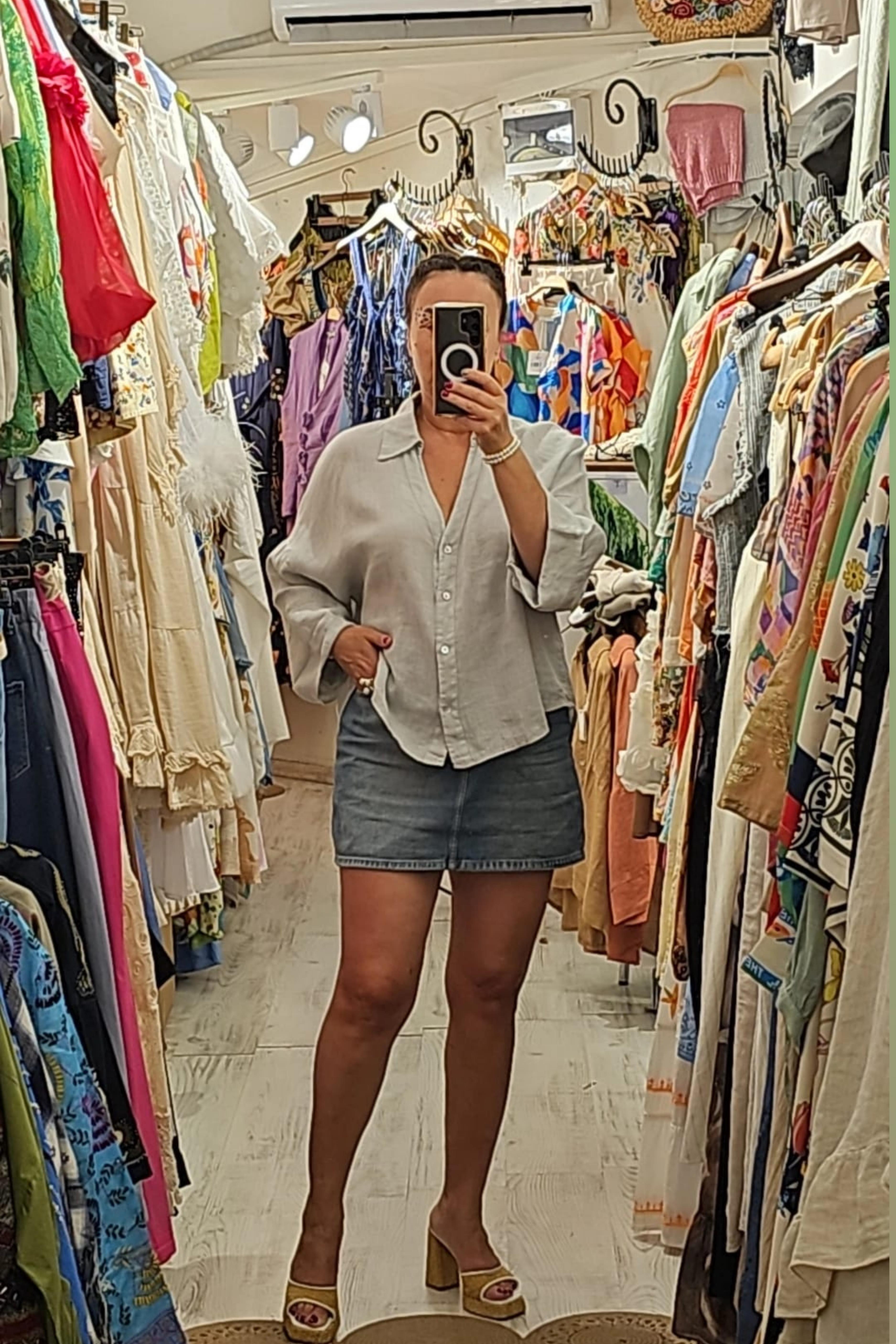 İtalyan Keten Kumaş Bluz Gri