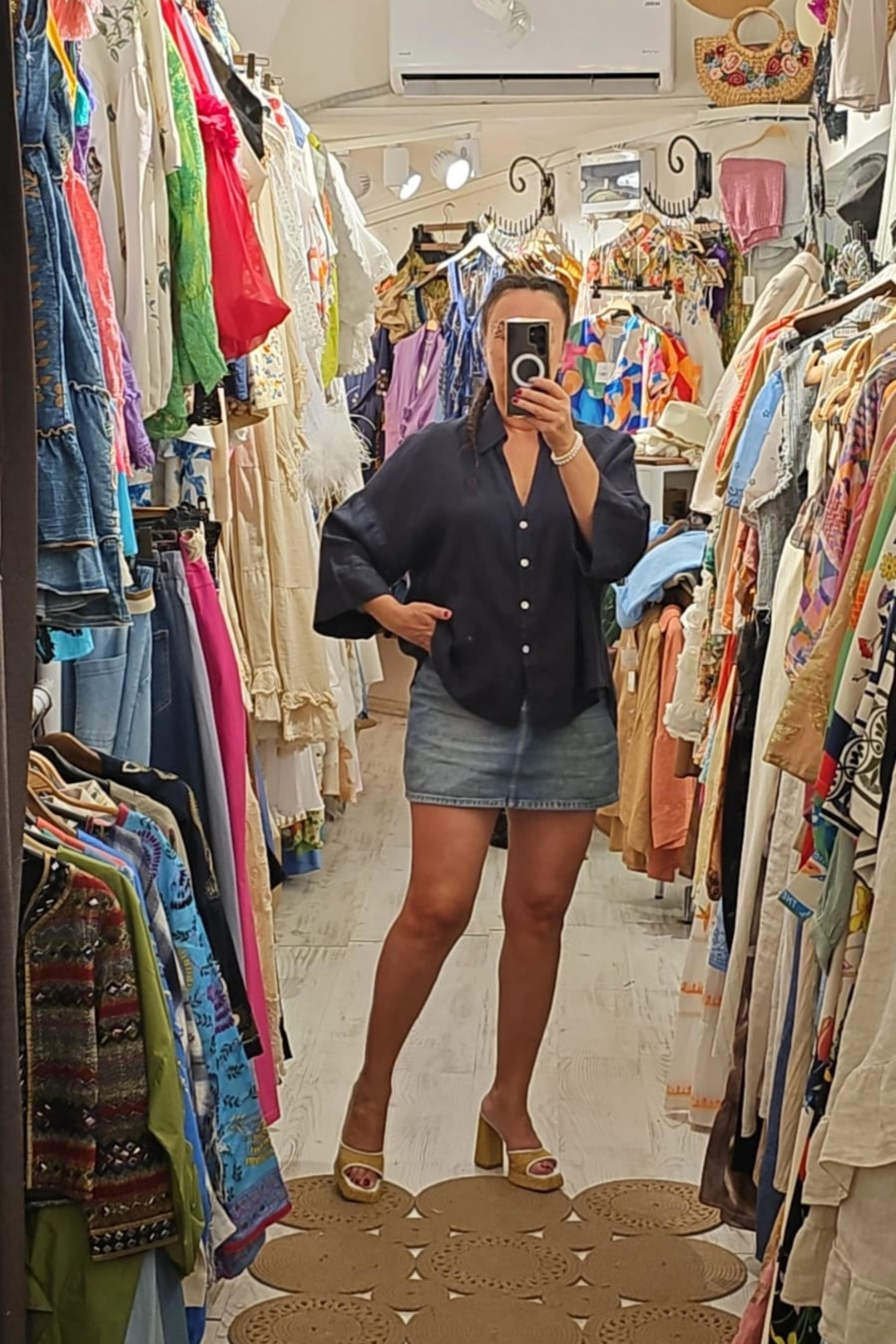 İtalyan Keten Kumaş Bluz Lacivert