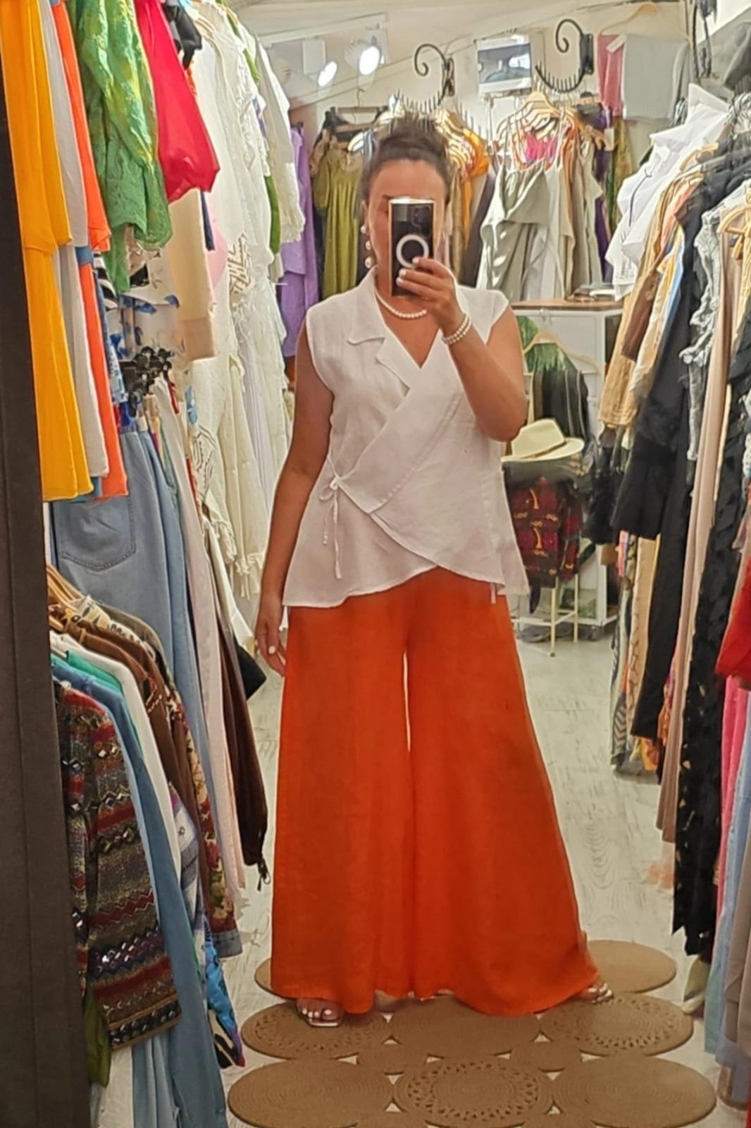 İtalyan Keten Pantolon Cepli, Beli Lastikli, Bol Paça Turuncu