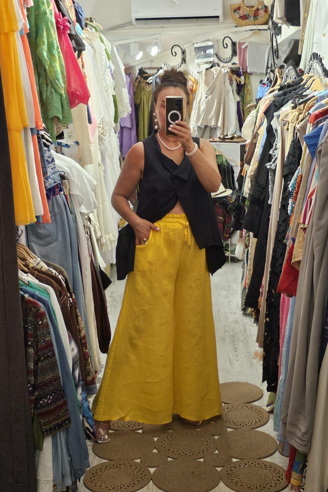 İtalyan Keten Pantolon Cepli, Beli Lastikli, Bol Paça Sarı