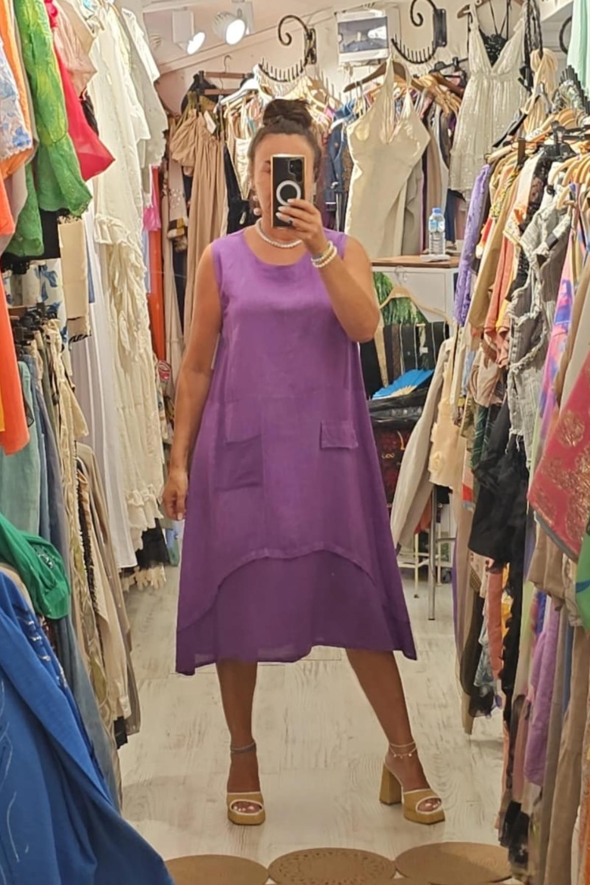 İtalyan Keten Sıfır Kol Elbise Mor