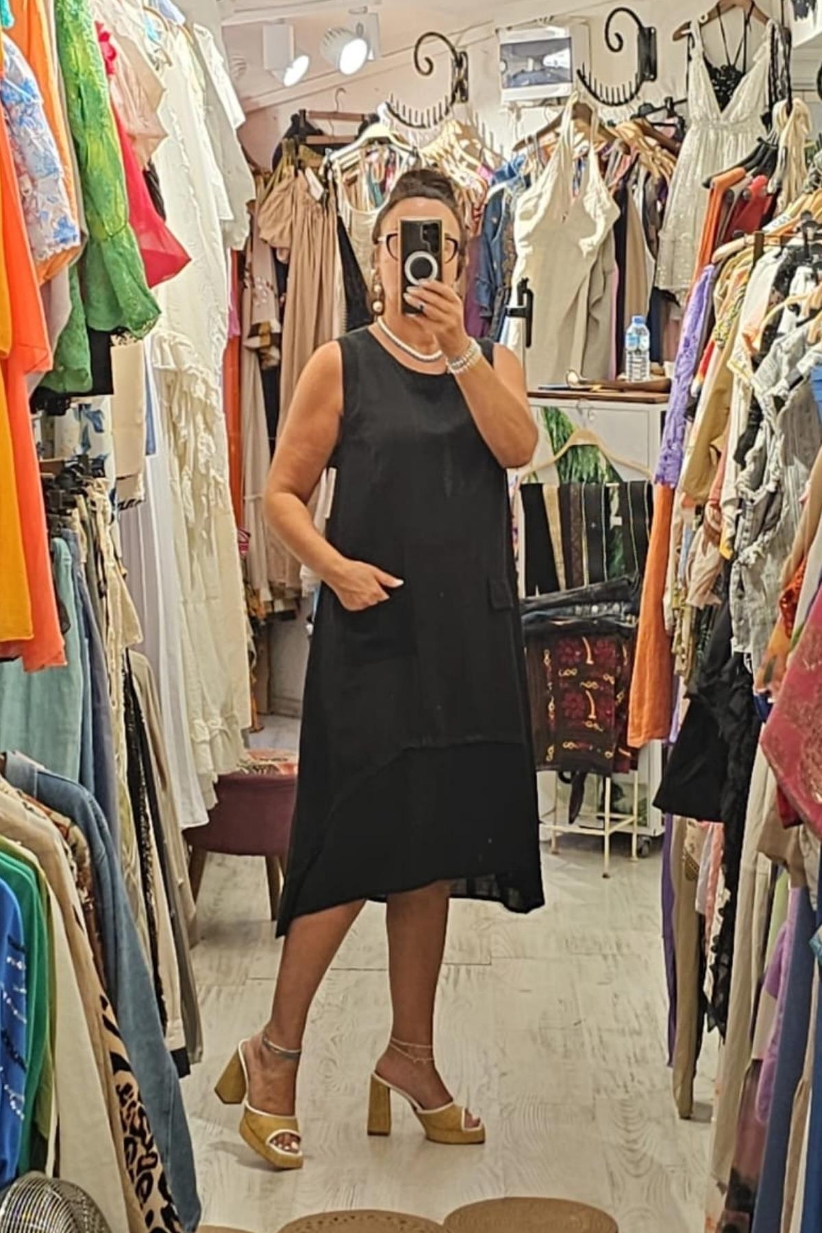 İtalyan Keten Sıfır Kol Elbise Siyah