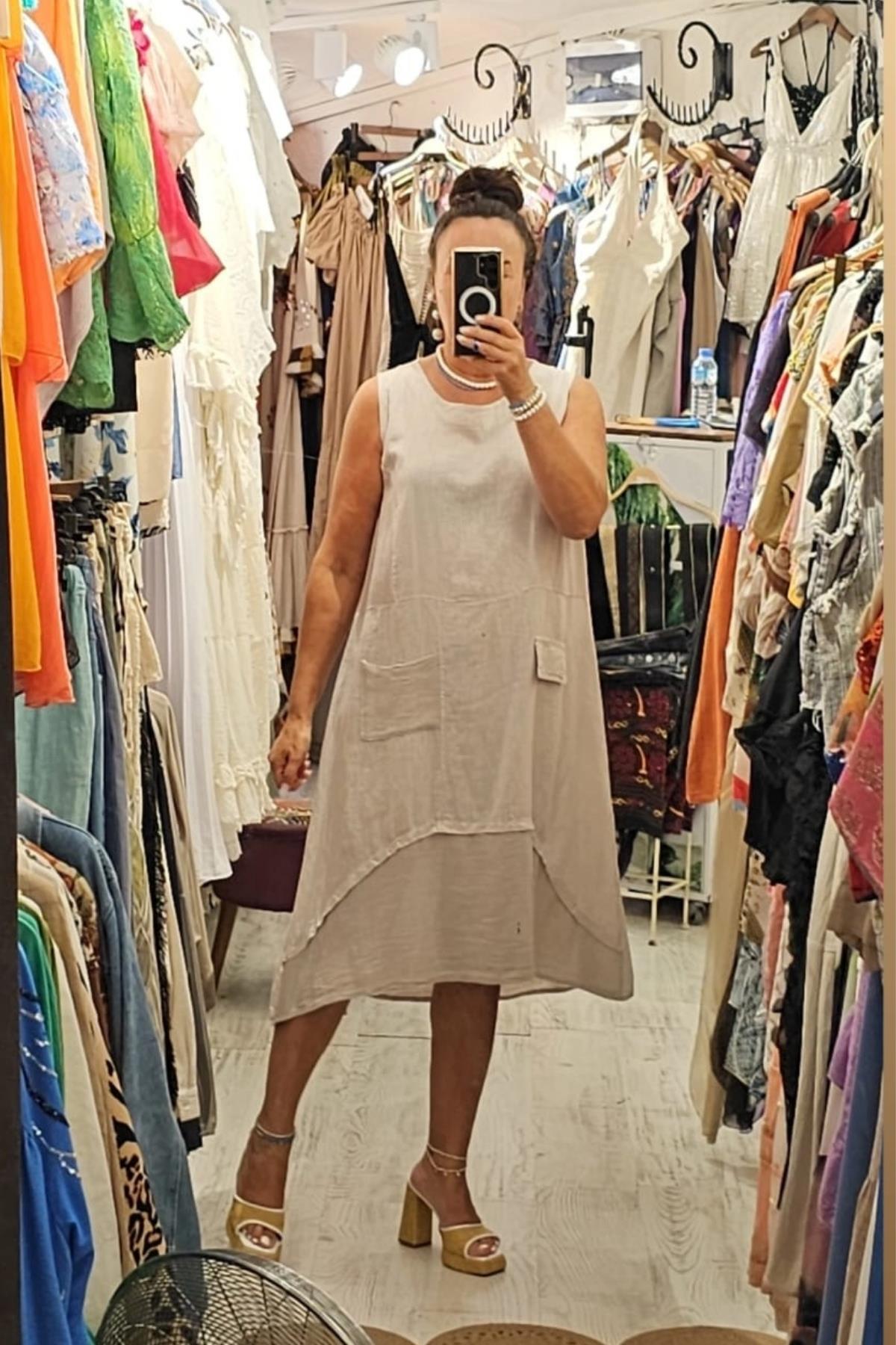 İtalyan Keten Sıfır Kol Elbise Taş Rengi