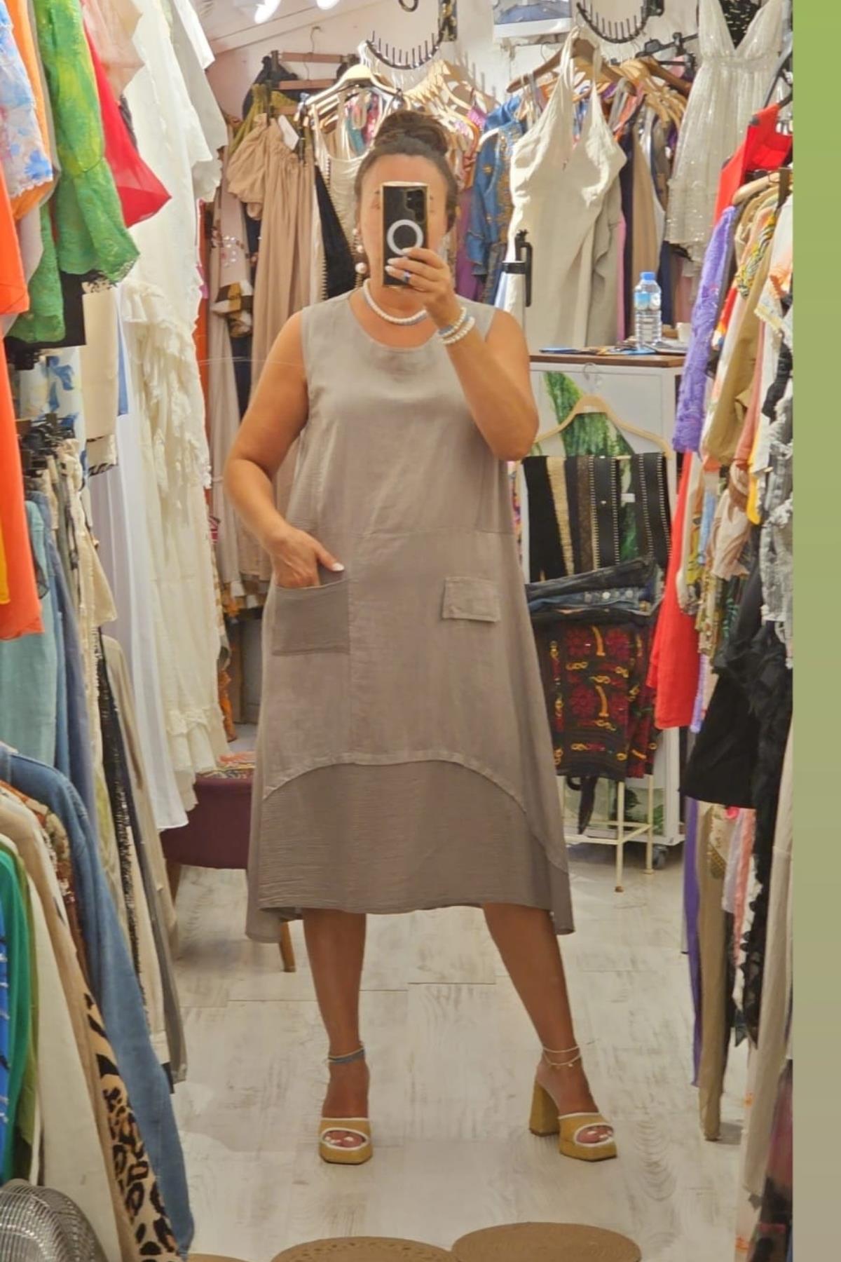 İtalyan Keten Sıfır Kol Elbise Vizon