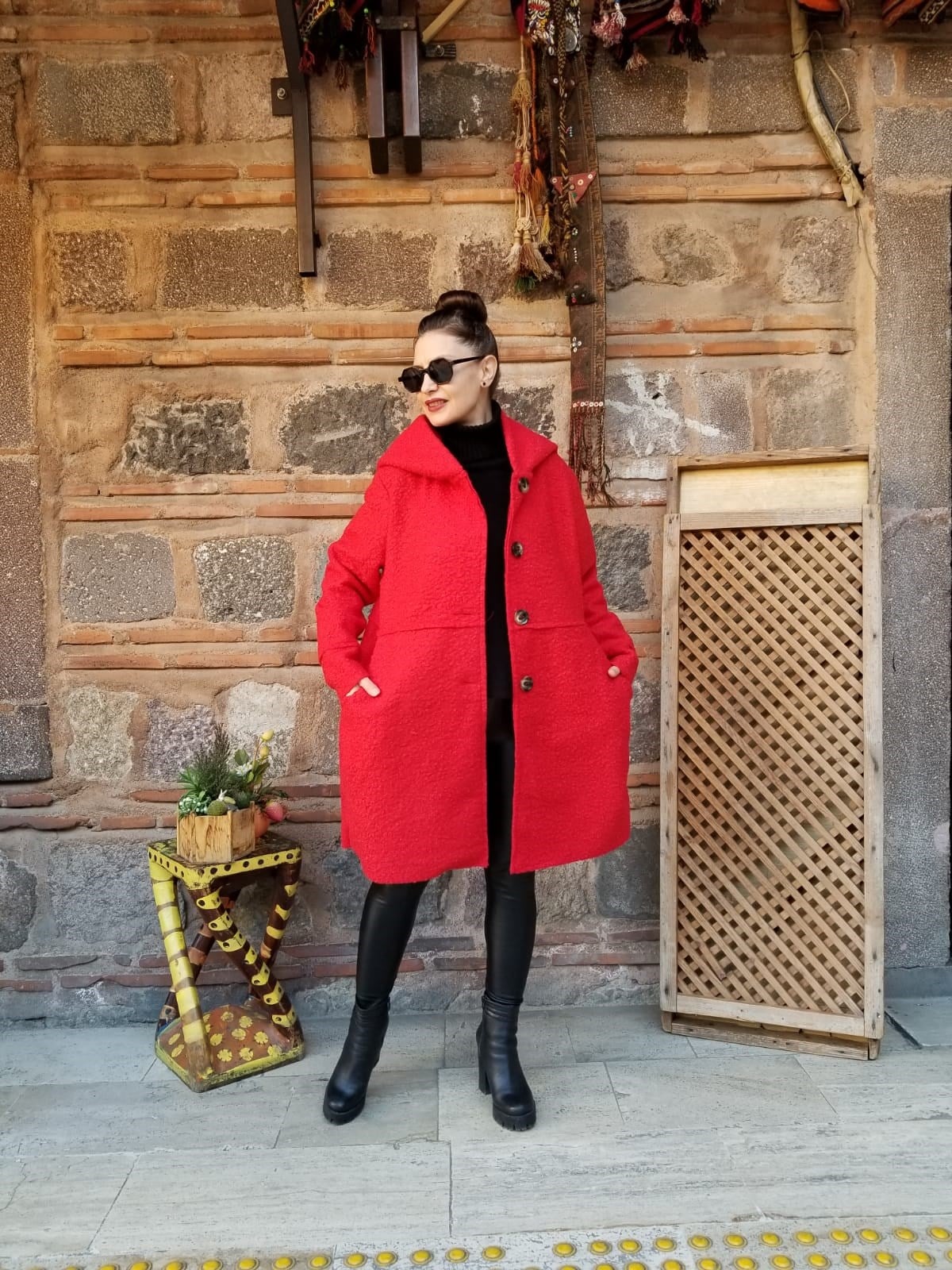 İtalyan Kırmızı Yün Buklet Kaban