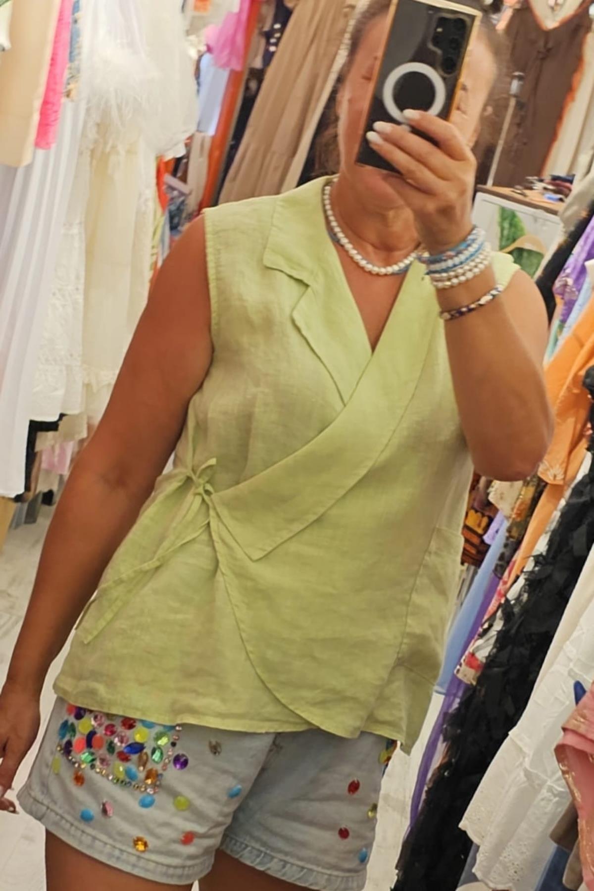 İtalyan Kuruvaze Keten Bluz Fosforlu Yeşil