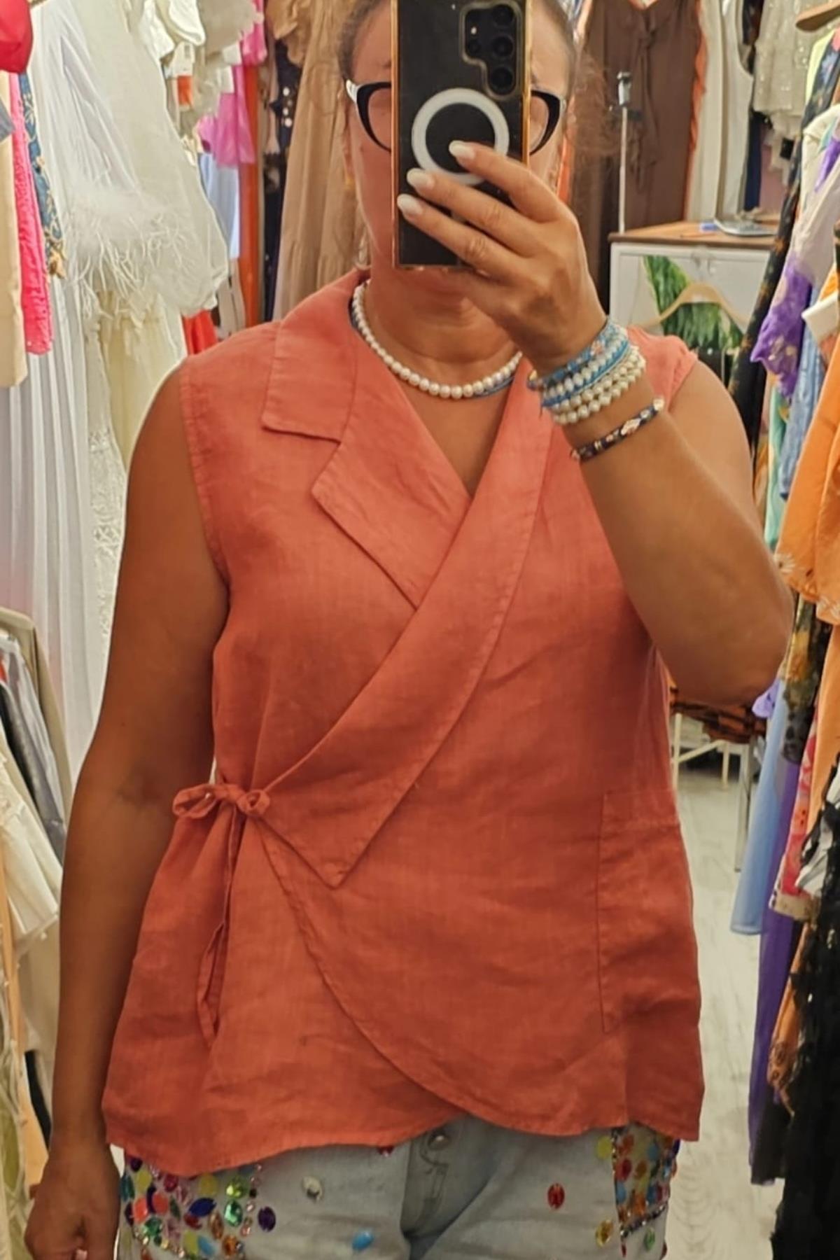 İtalyan Kuruvaze Keten Bluz Gül Kurusu