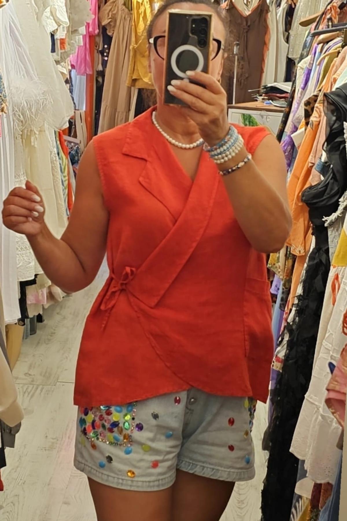 İtalyan Kuruvaze Keten Bluz Kırmızı