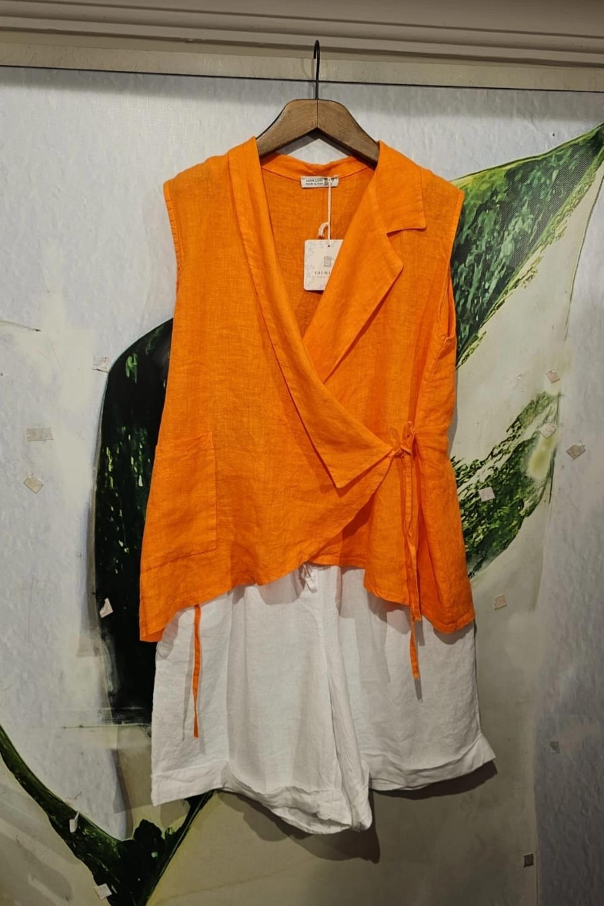 İtalyan Kuruvaze Keten Bluz Oranj