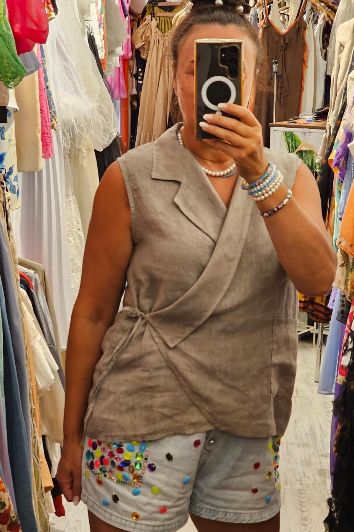 İtalyan Kuruvaze Keten Bluz Vizon