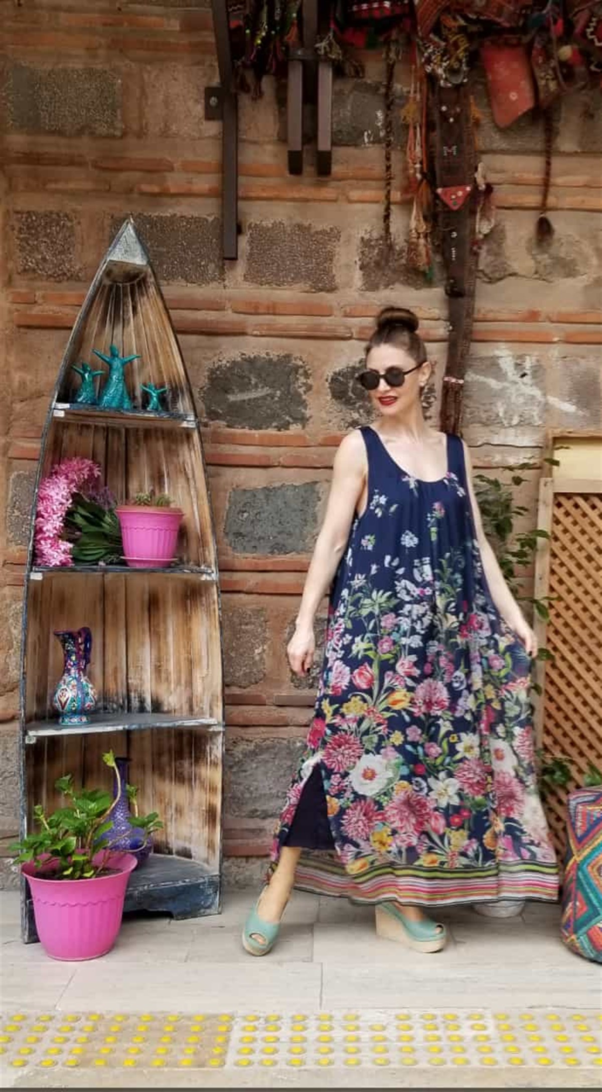 İtalyan Lacivert Çiçekli Elbise