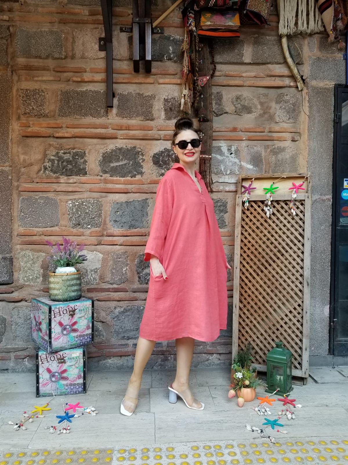 İTALYAN MERCAN RENGİ KETEN KUMAŞ
