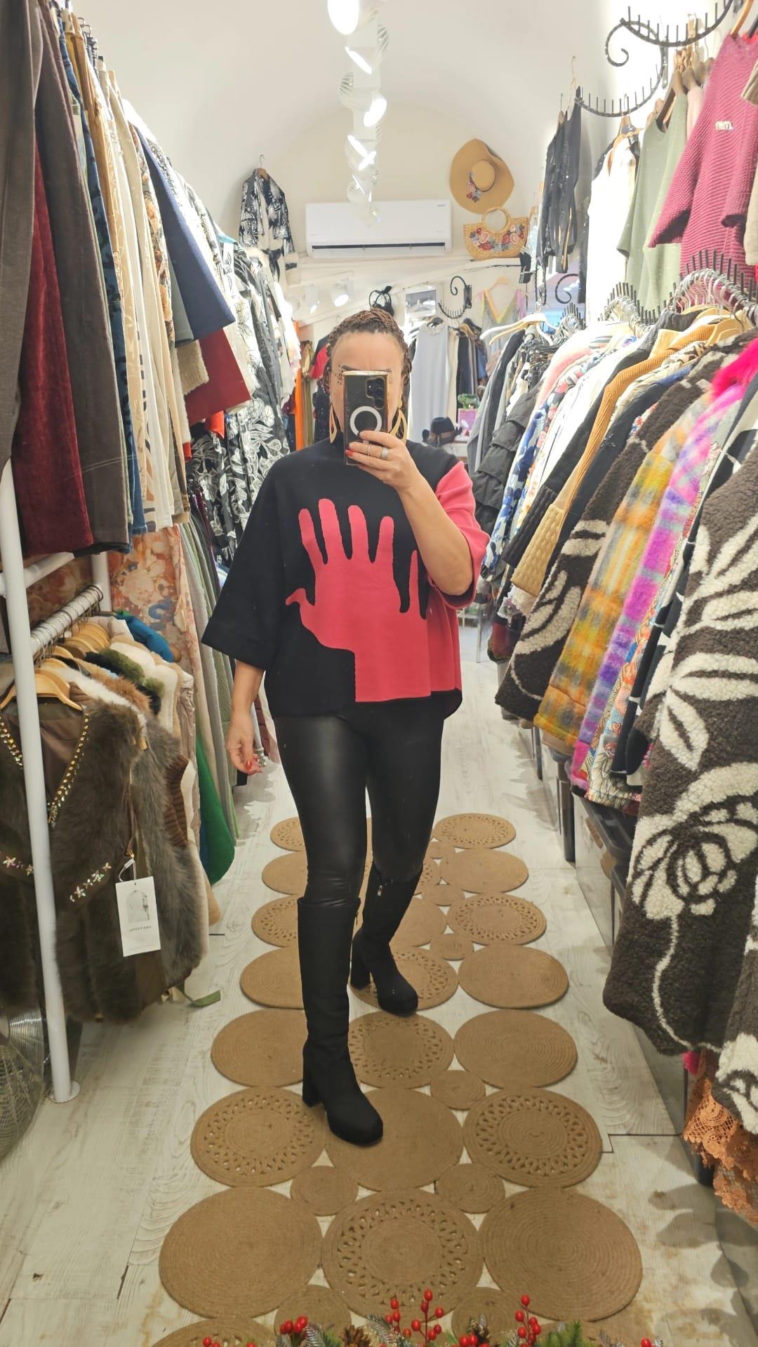 İTALYAN KARE DESEN ÖN KISA ARKA UZUN TRİKO BLUZ SİYAH FUŞYA