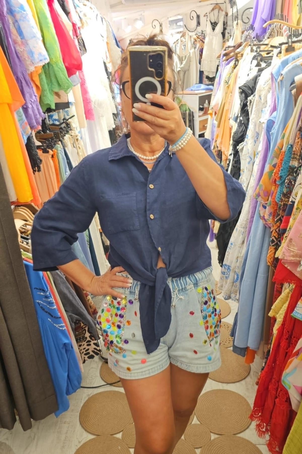 İtalyan Önden Bağlamalı Bluz Lacivert