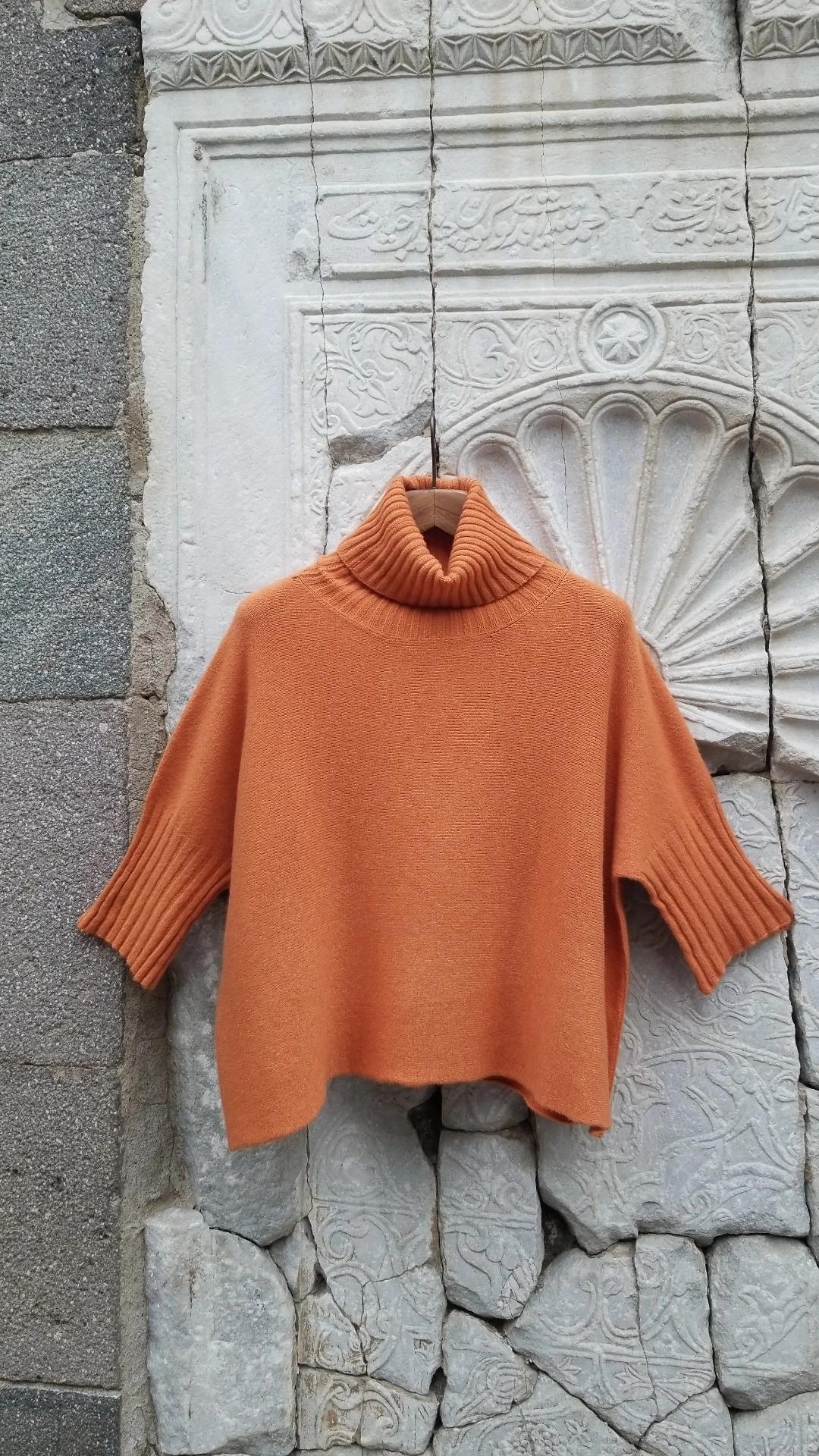 İtalyan Örme Triko Boğazlı Turuncu  Kazak