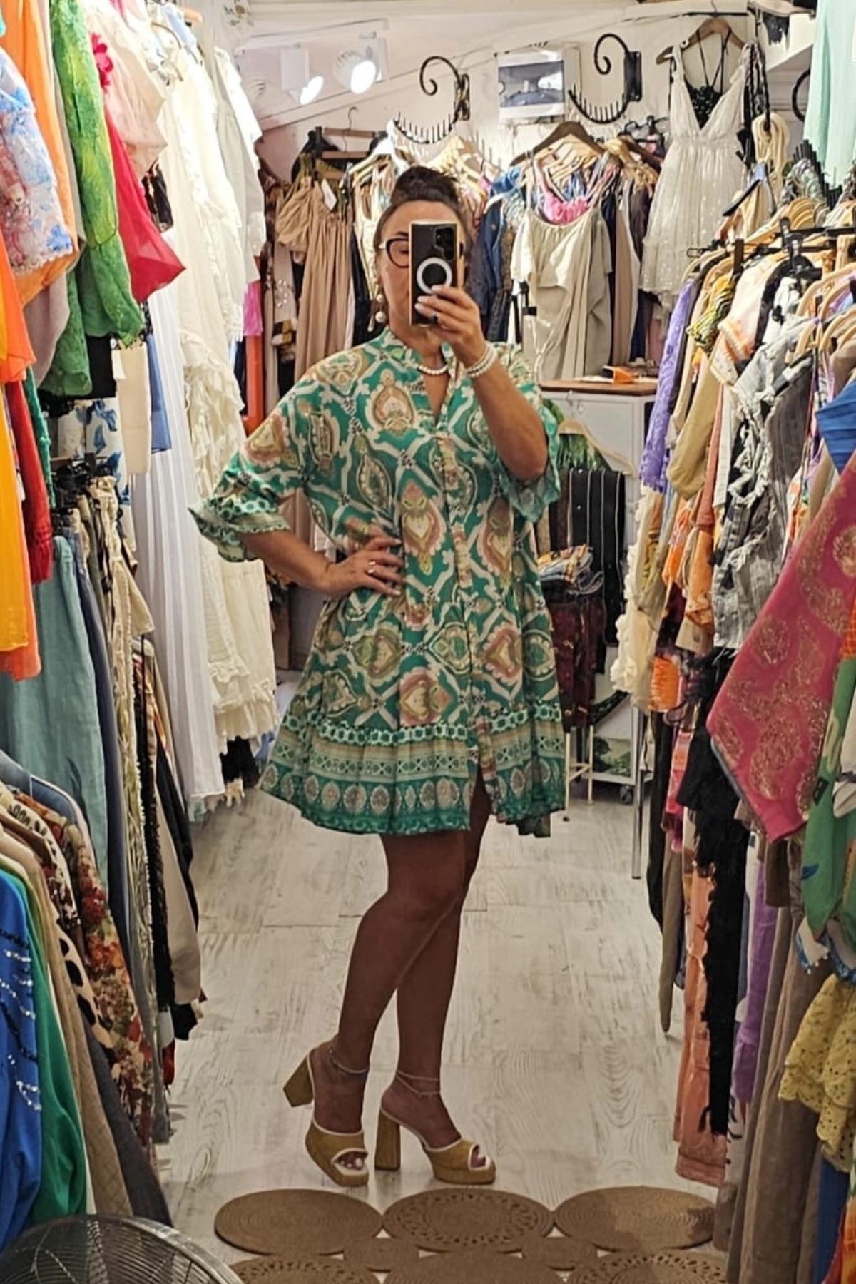 İtalyan Pamuklu Fiskon Önden Düğmeli Elbise Yeşil