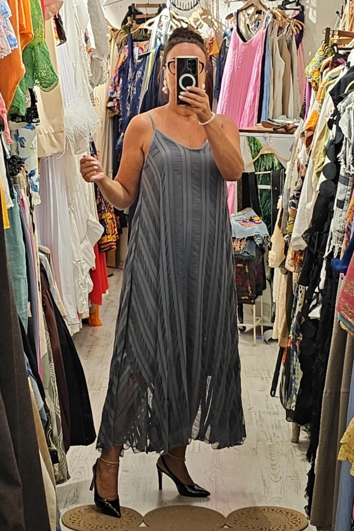 İtalyan Pamuklu Viskon İçi Astarlı Elbise Gri