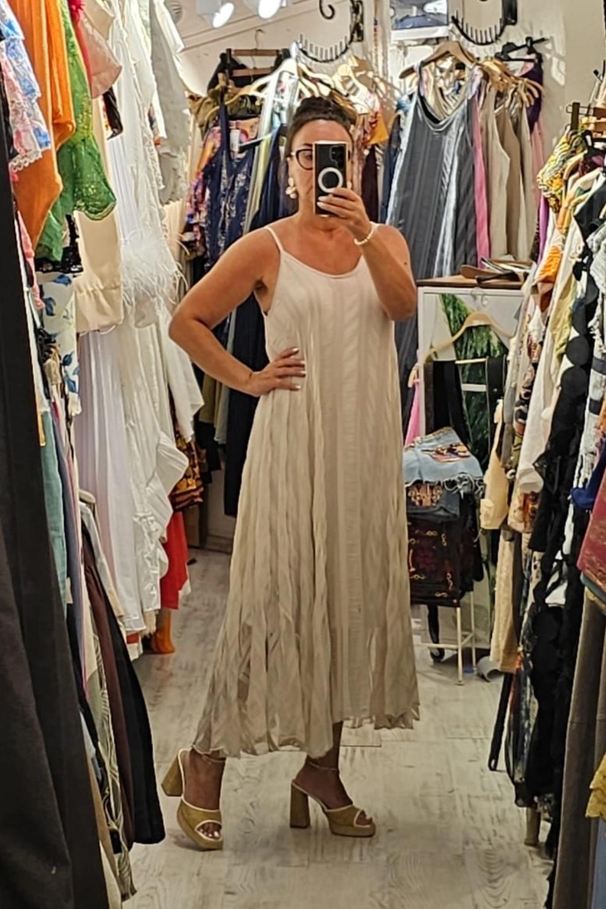 İtalyan Pamuklu Viskon İçi Astarlı Elbise Ekru