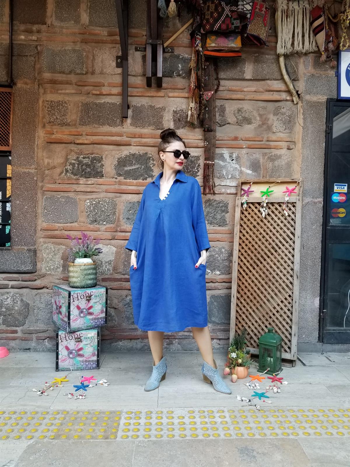 İTALYAN SAX MAVİ RENGİ KETEN KUMAŞ