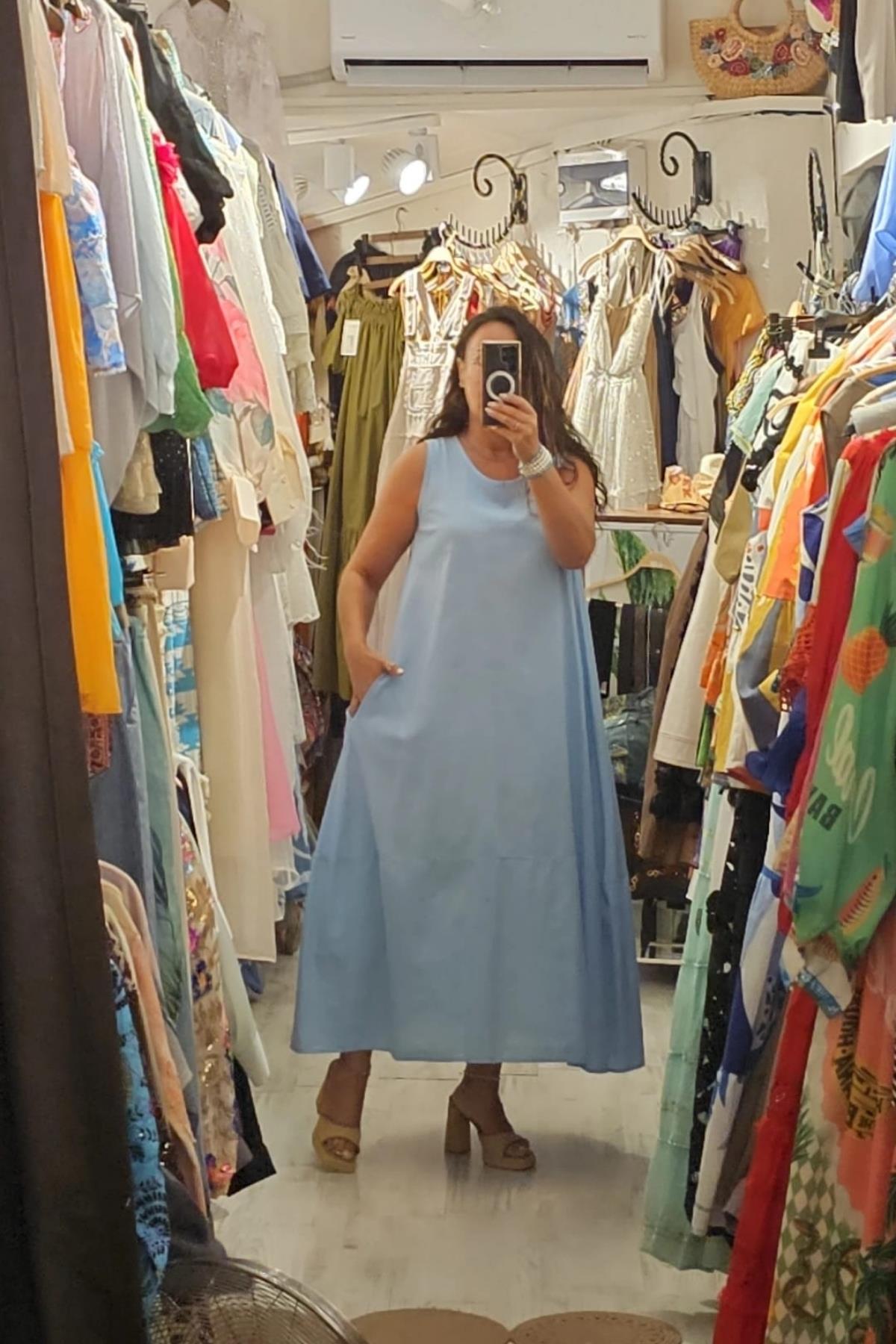 İtalyan SIfır Kol Yandan Cepli Elbise Buz Mavisi 