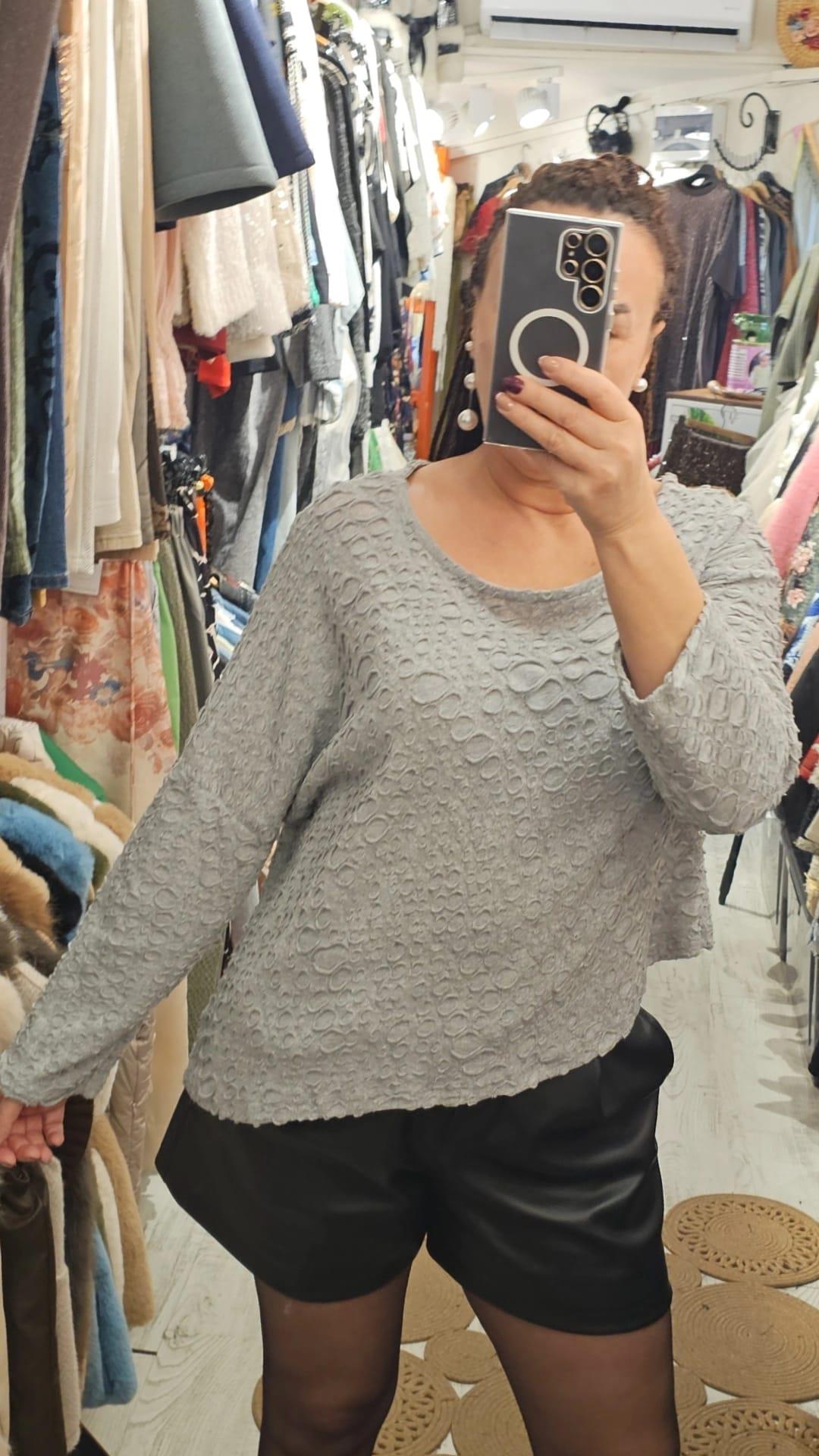 İtalyan tasarım bluz standart beden asimetrik renk gri