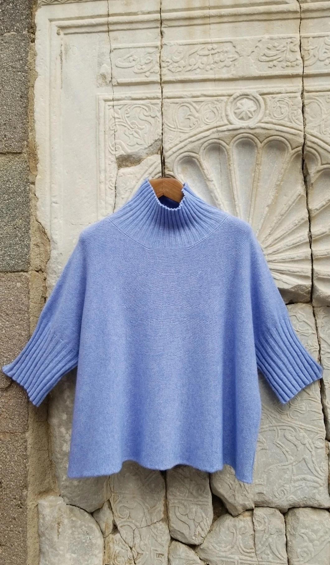 İtalyan Triko Örme Dik Yaka Mavi Kazak