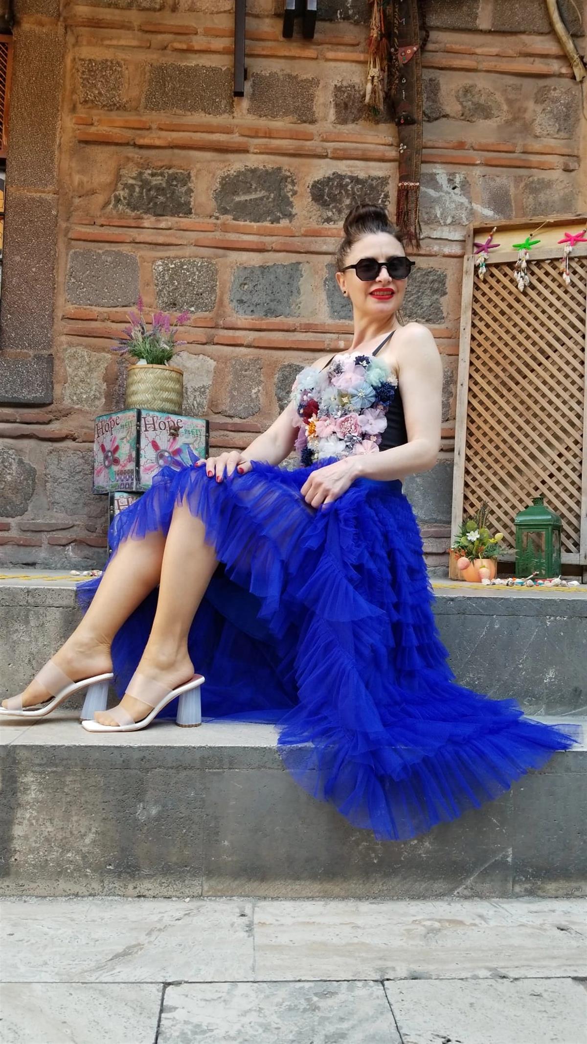 İTALYAN TÜL ETEK SAX MAVİ