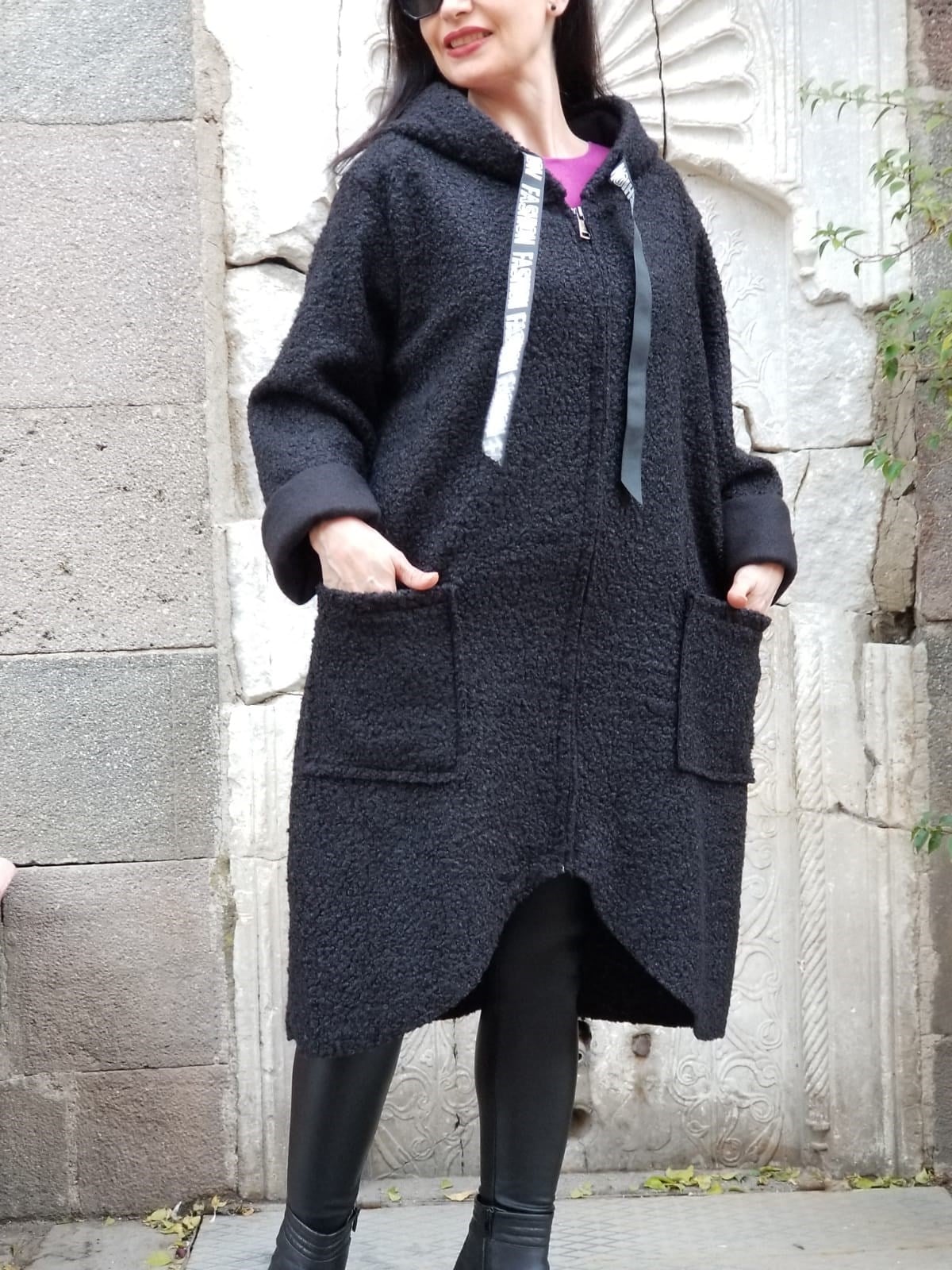 İtalyan Yün Buklet Kapişonlu Cepli Kaban