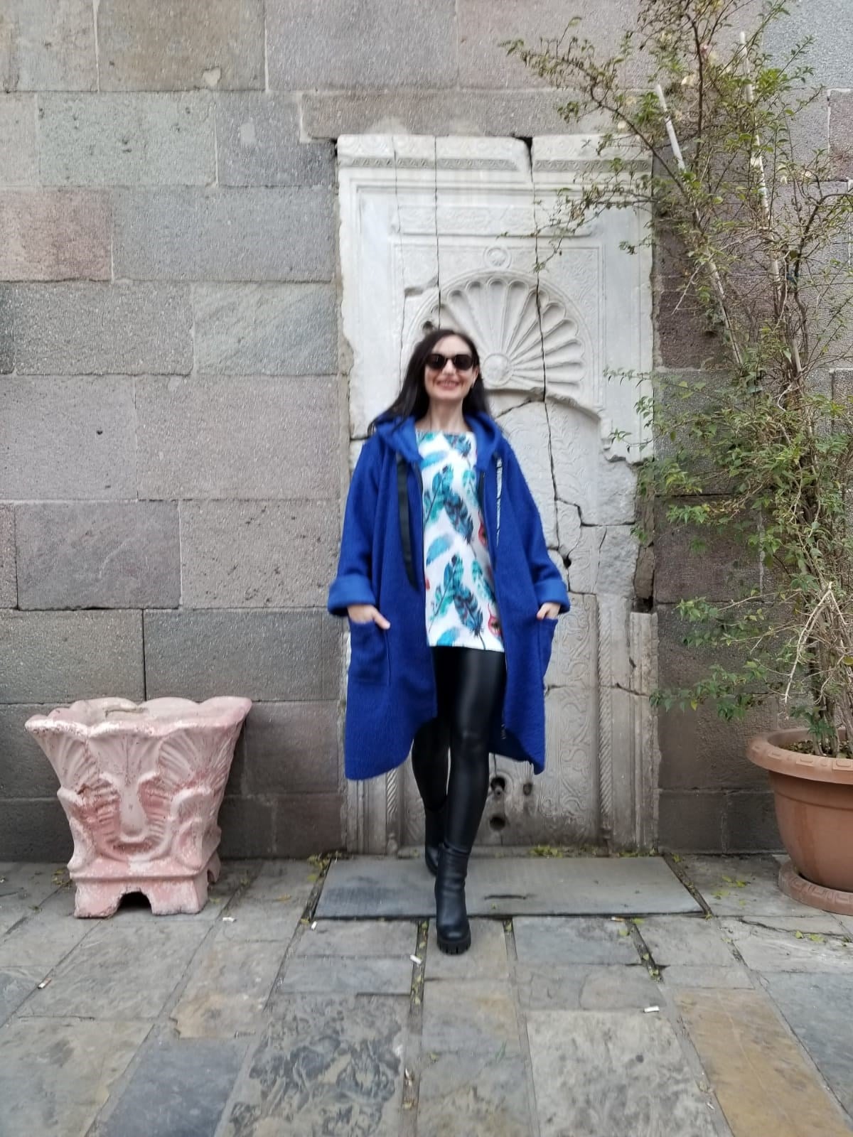 İtalyan Yün Buklet Saks Mavisi Kapişonlu Cepli Kaban