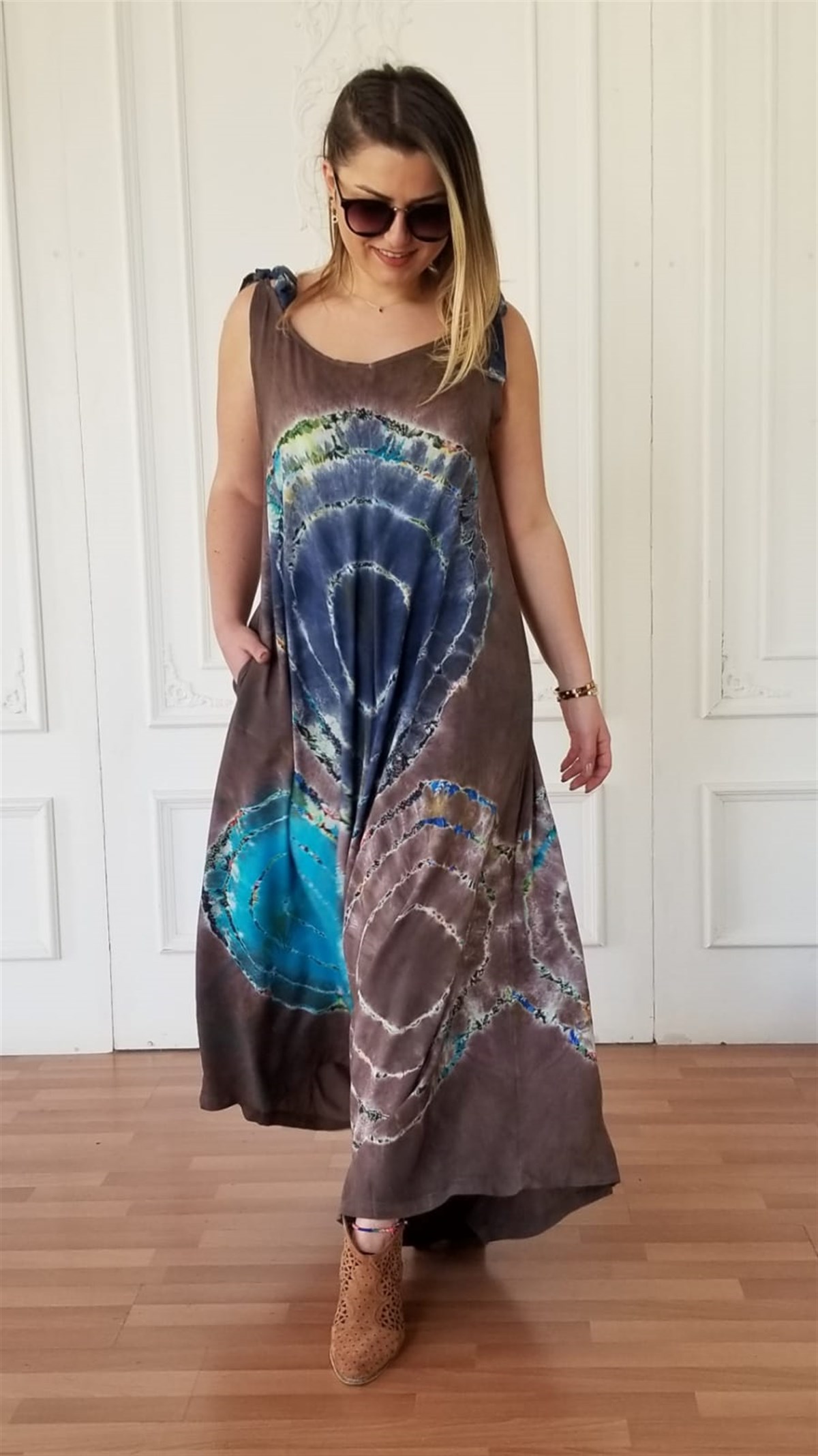 Kahve Rengi Batik Desenli Tulum Elbise