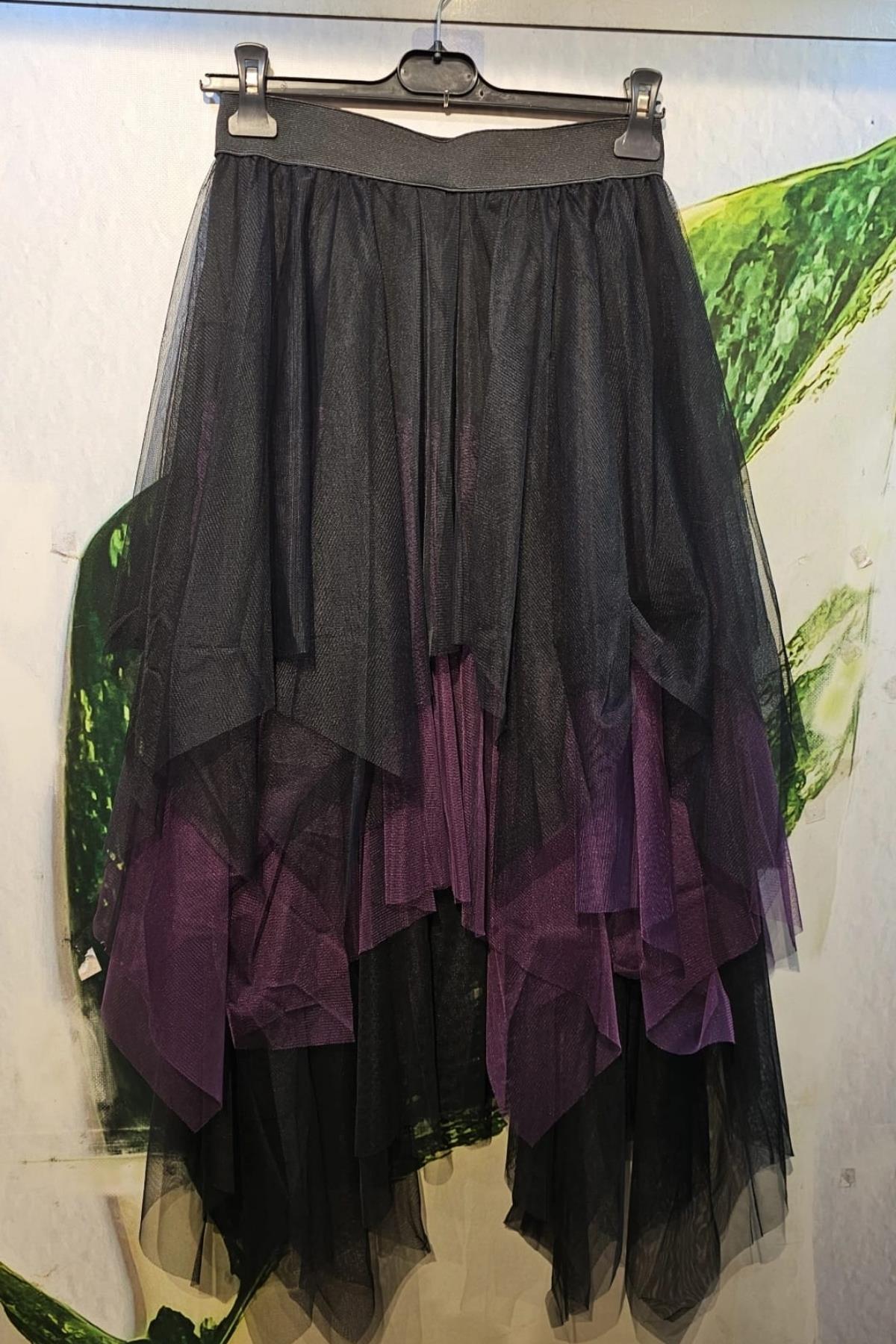 Kat Kat Mini Astarlı Tül Etek Mor Siyah