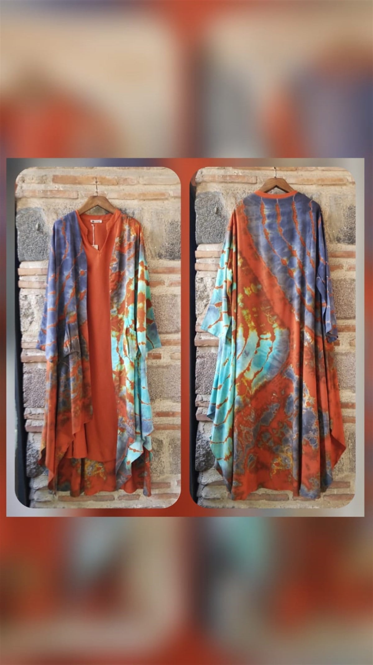 Kiremit Rengi Batik Desenli Asimetrik Kaftan
