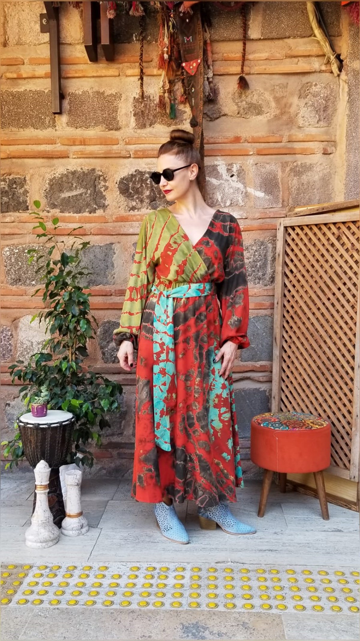 Kiremit Rengi Batikli Kruvaze Elbise