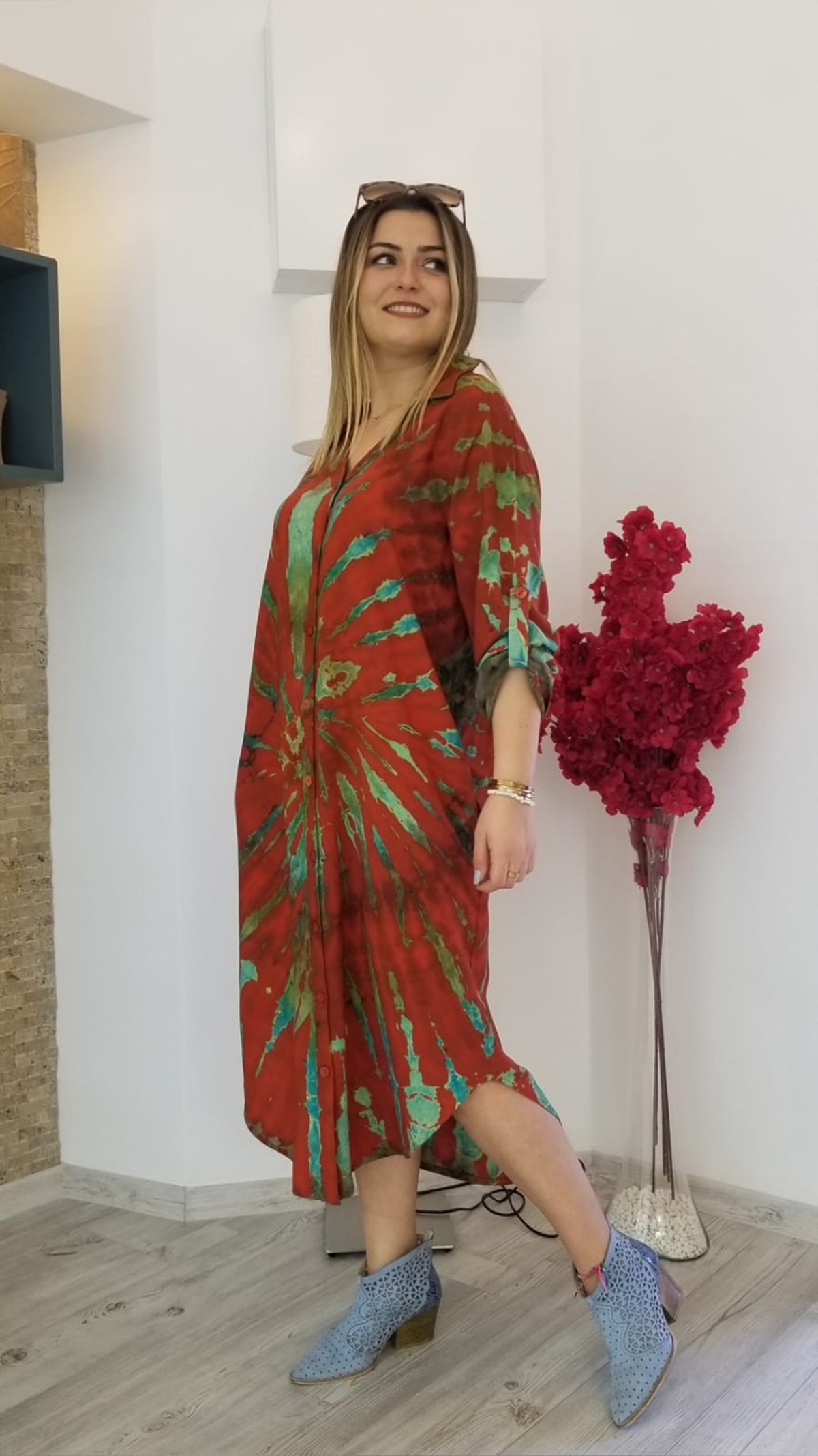 Kiremit Rengi Batikli Önü Full Düğmeli Gömlek Elbise