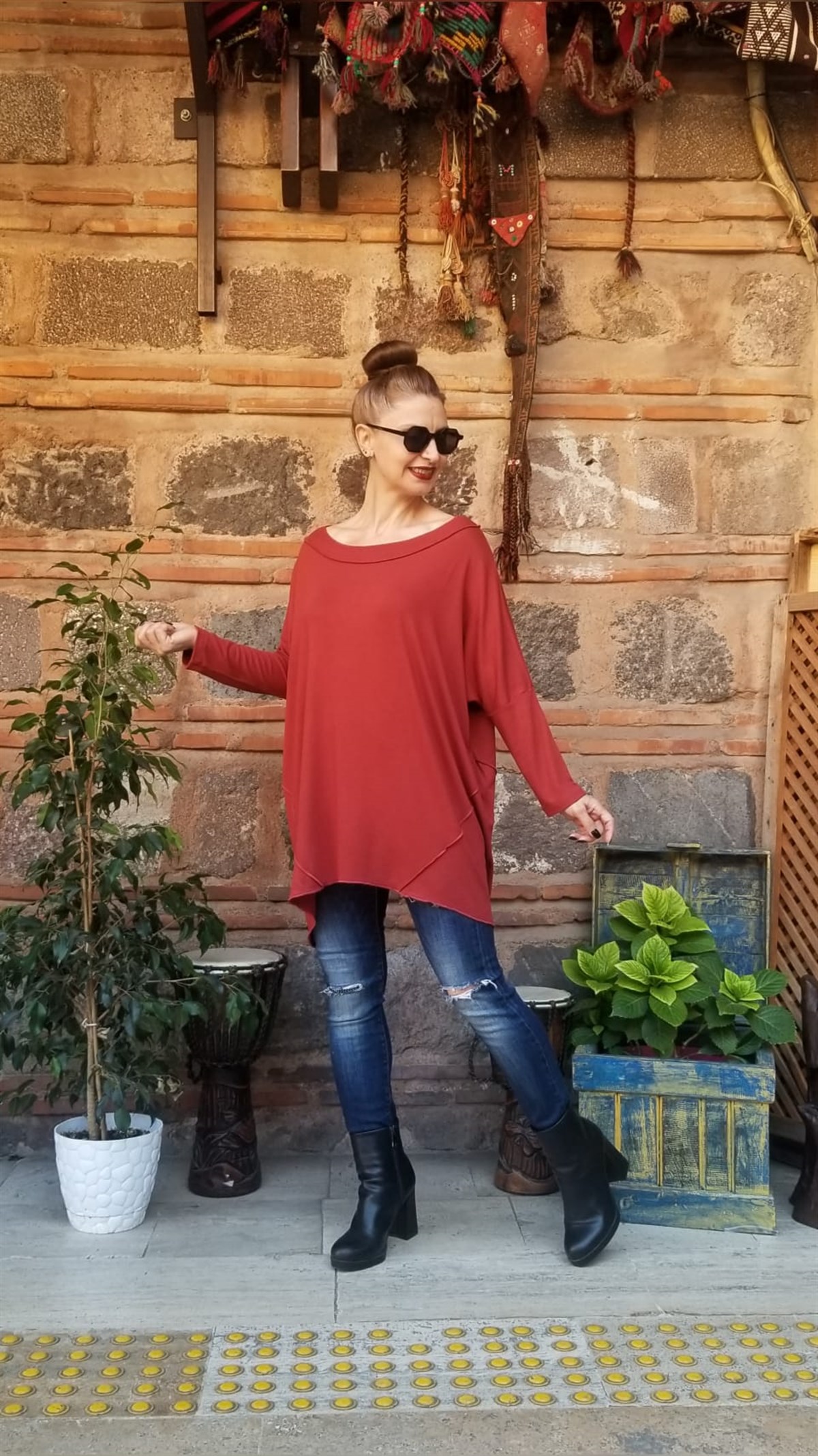 Kiremit Rengi  Parçalı Bluz (Triko Kumaş)